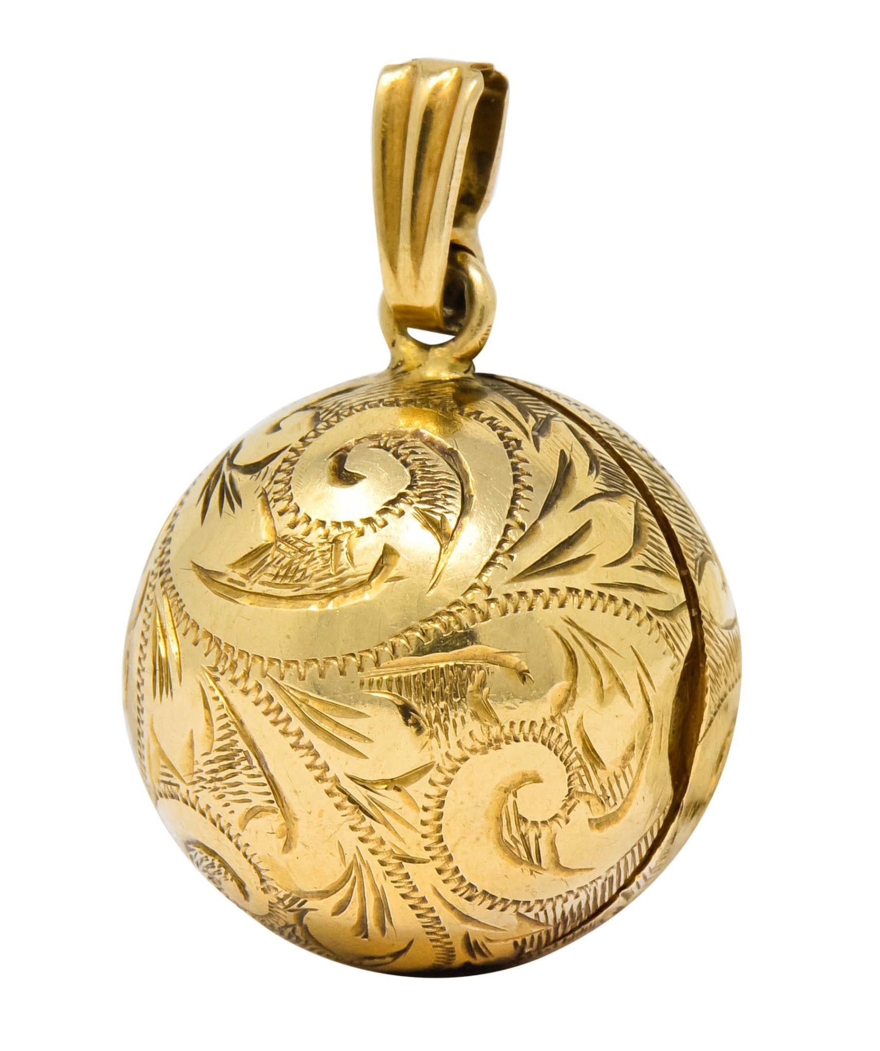 British 9 Karat Yellow Gold Engraved Ball Locket Pendant - Wilson's Estate Jewelry