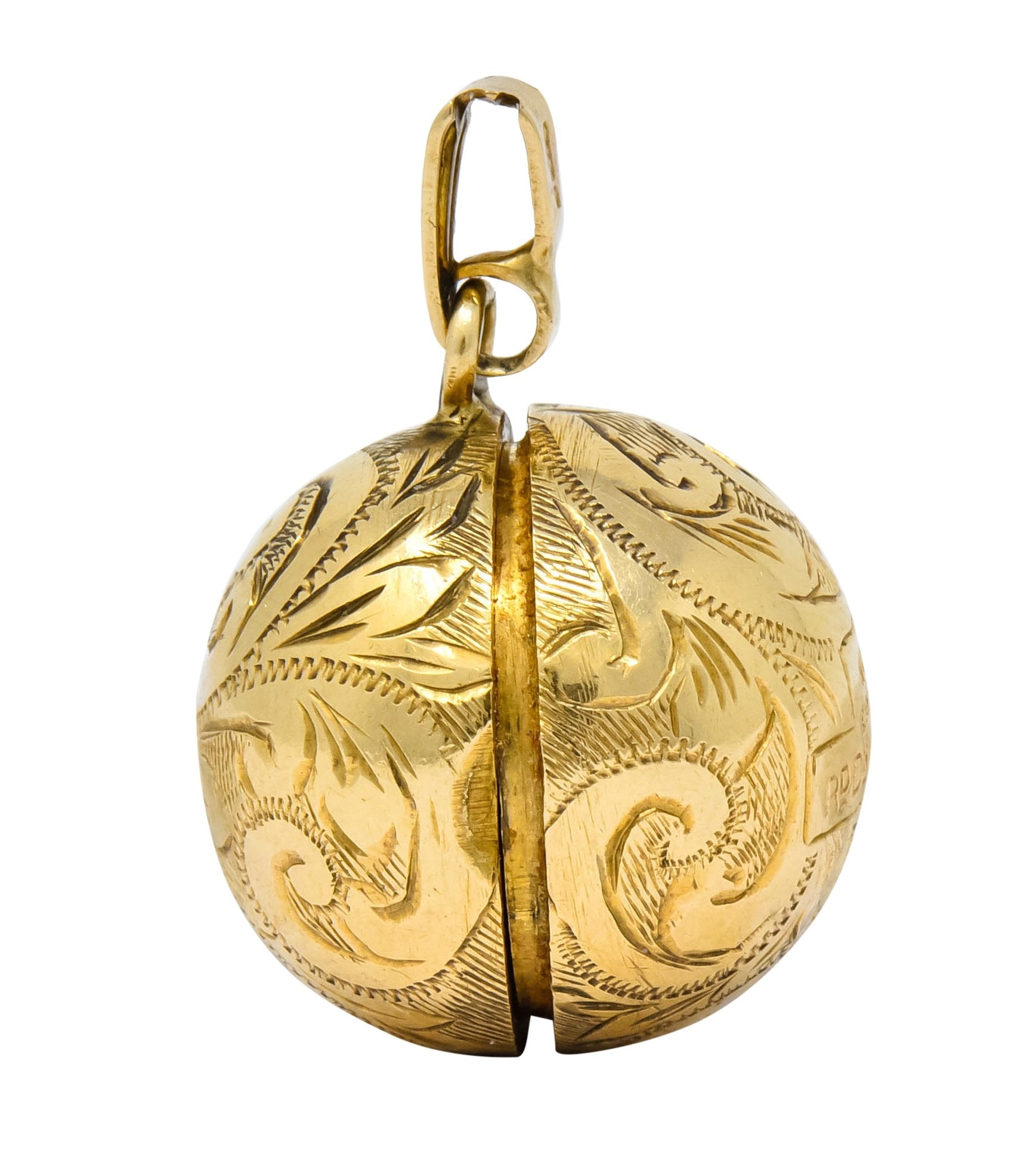 British 9 Karat Yellow Gold Engraved Ball Locket Pendant - Wilson's Estate Jewelry