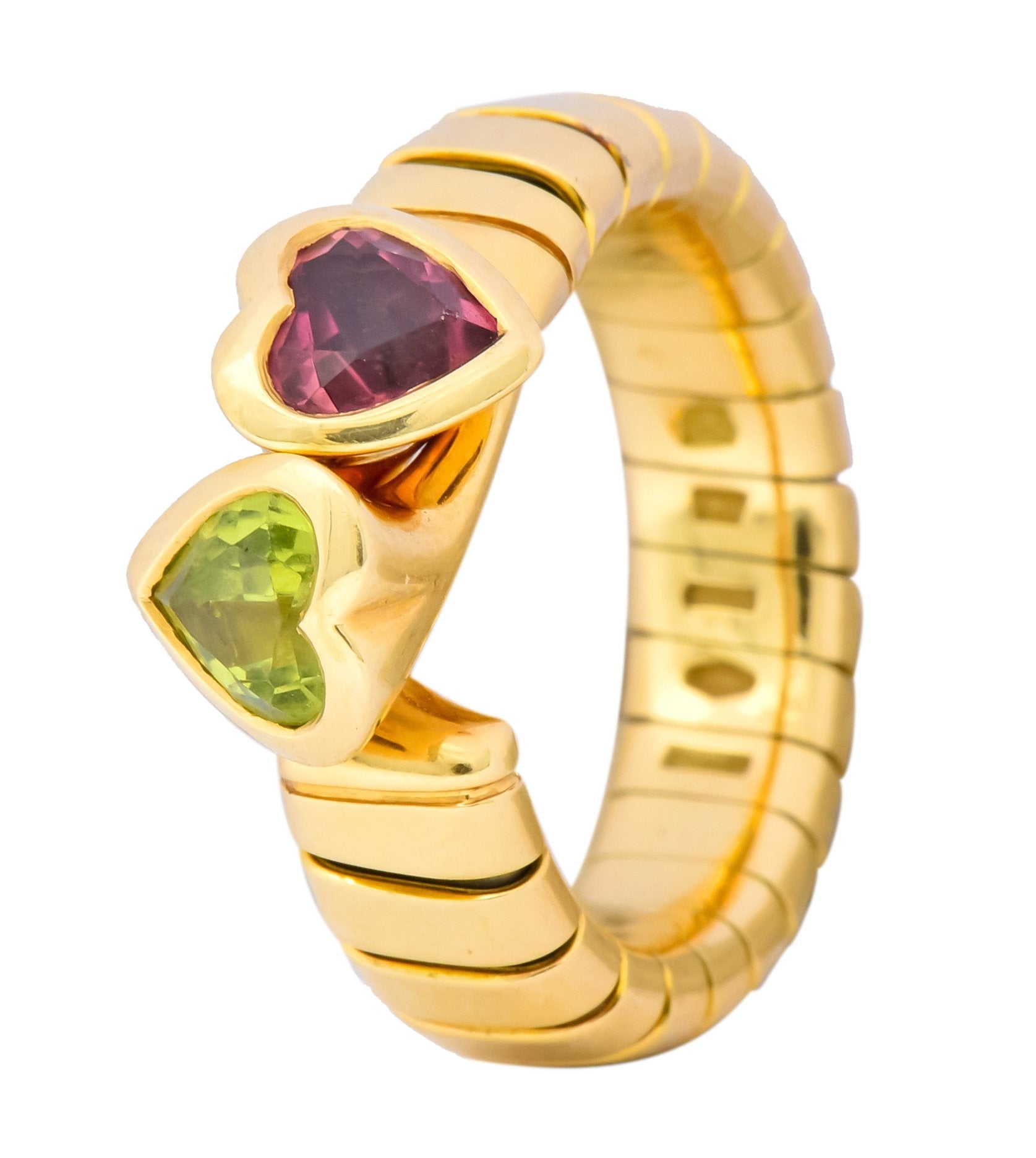 Bulgari 1.50 CTW Pink Tourmaline Peridot 18 Karat Yellow Gold Tubogas Heart Ring - Wilson's Estate Jewelry