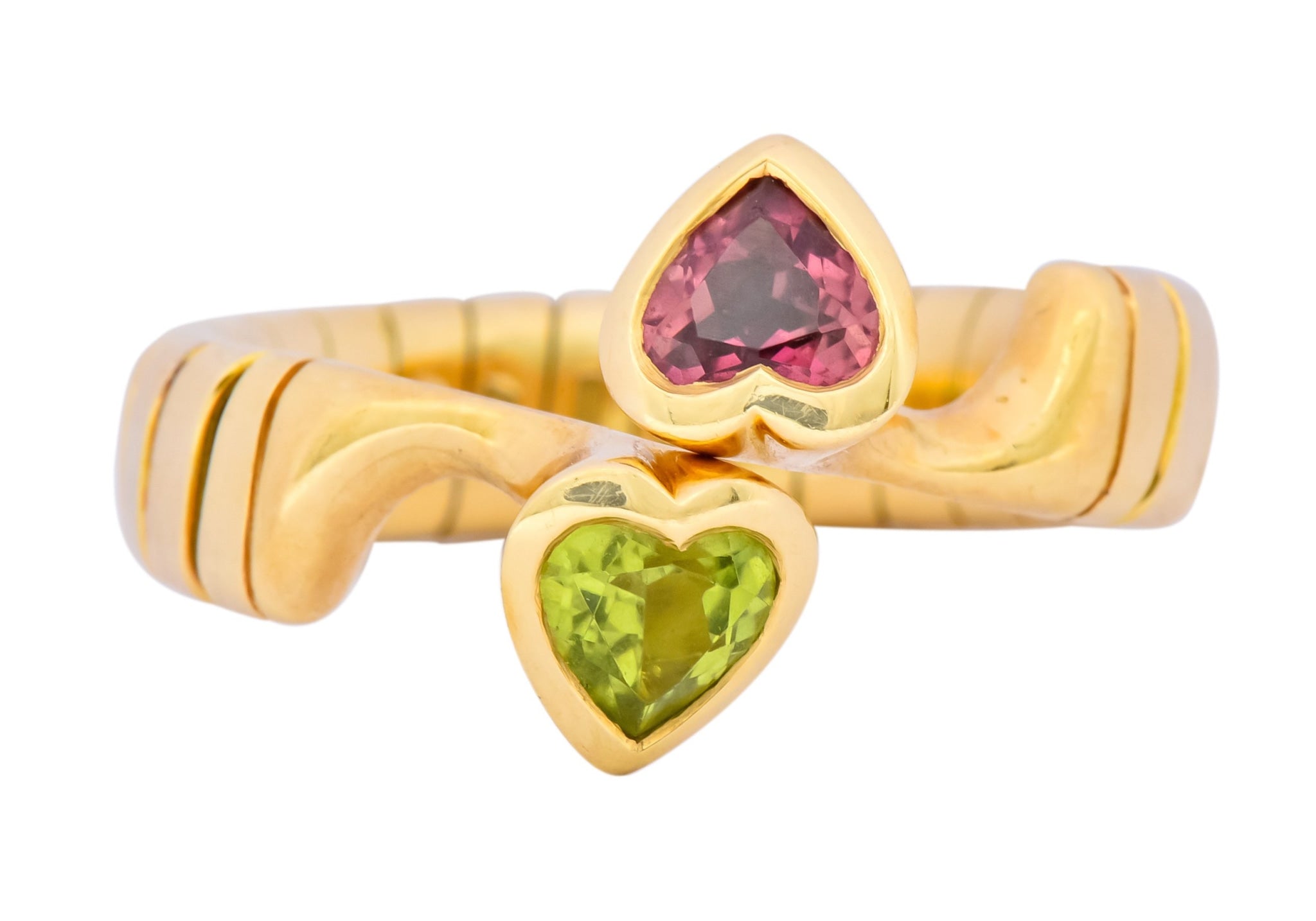 Bulgari 1.50 CTW Pink Tourmaline Peridot 18 Karat Yellow Gold Tubogas Heart Ring - Wilson's Estate Jewelry