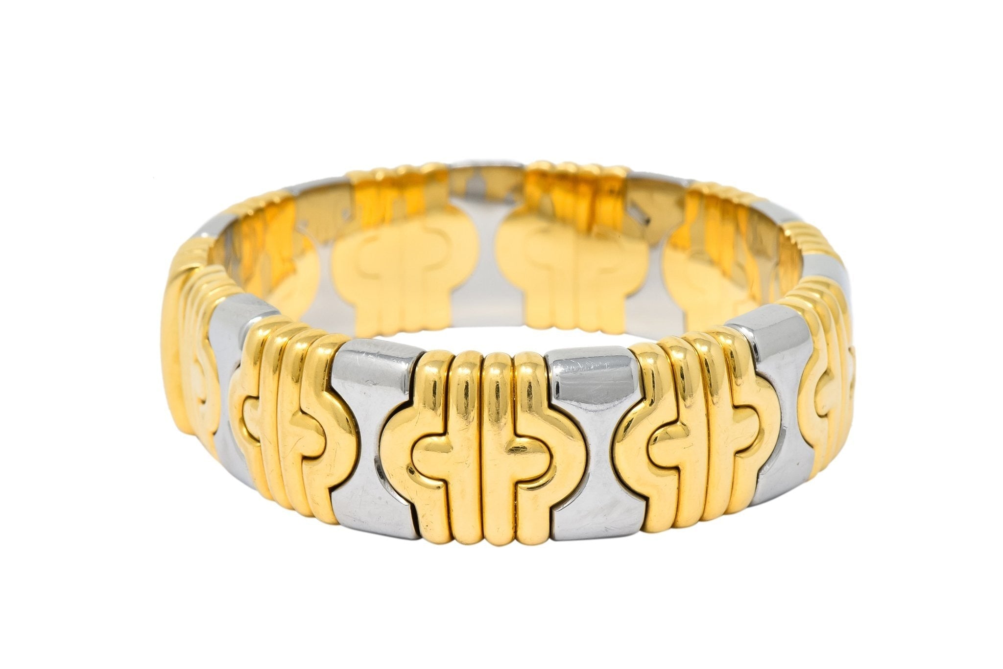 Bulgari 18 Karat Gold Stainless Steel Parentesi Bangle Bracelet - Wilson's Estate Jewelry