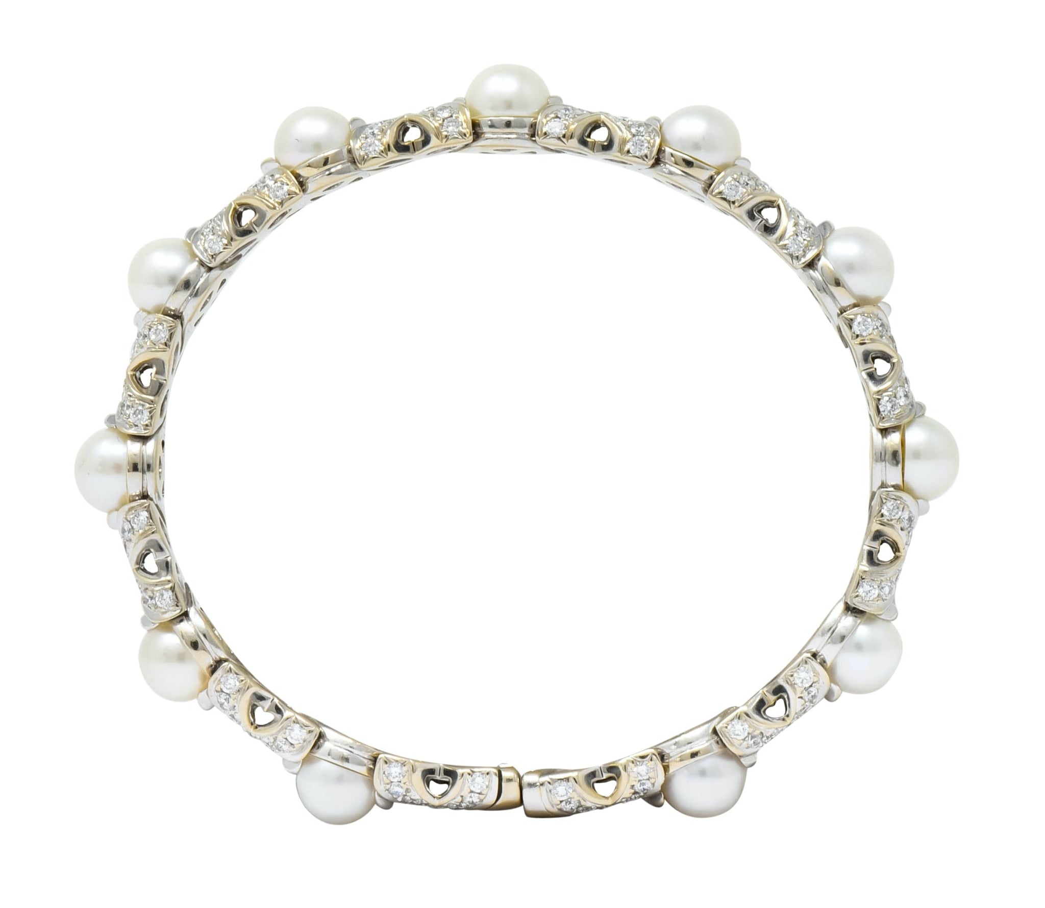 Bulgari 2.88 CTW Diamond Cultured Pearl 18 Karat White Gold X Cuff Bracelet - Wilson's Estate Jewelry