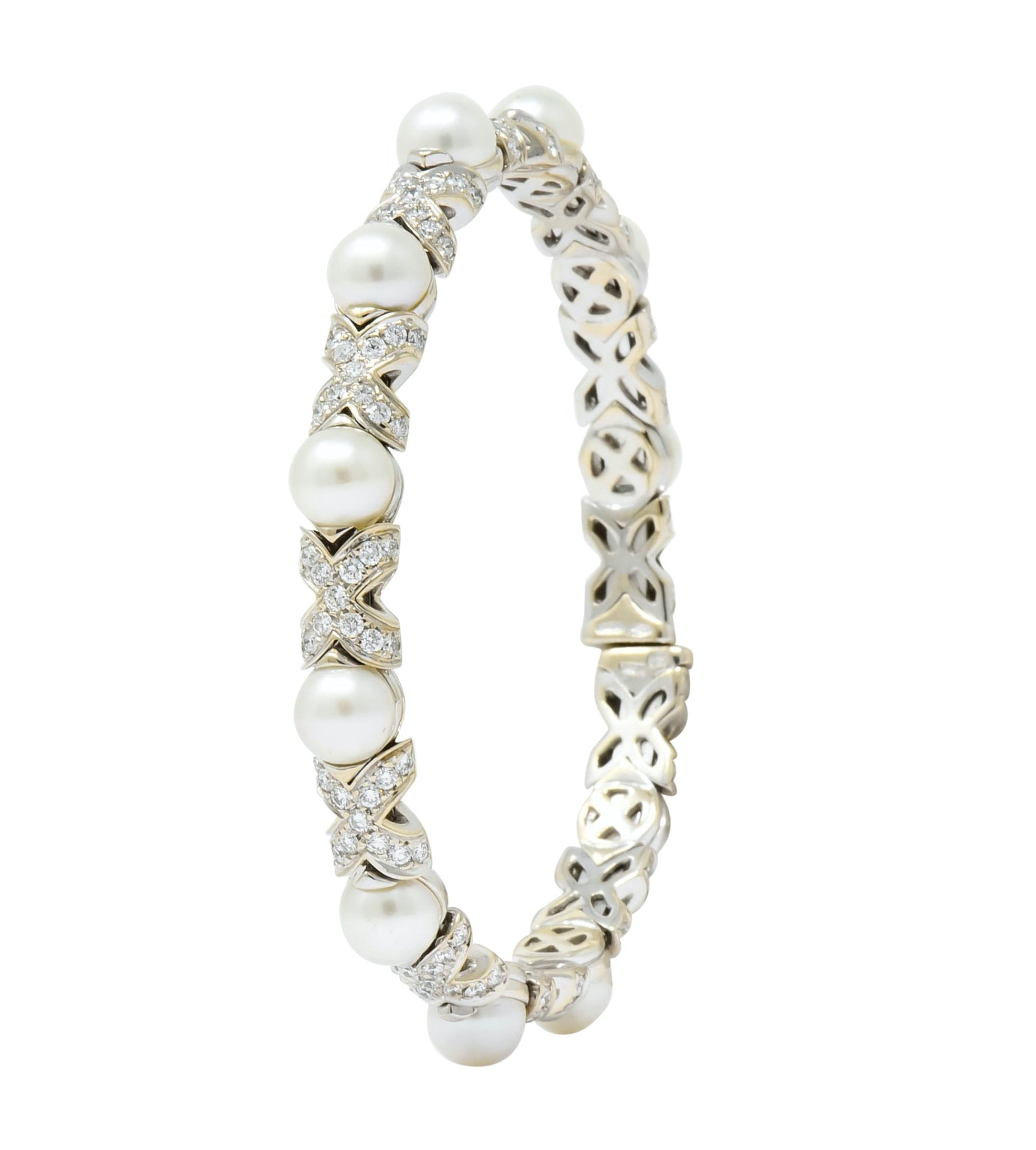 Bulgari 2.88 CTW Diamond Cultured Pearl 18 Karat White Gold X Cuff Bracelet - Wilson's Estate Jewelry