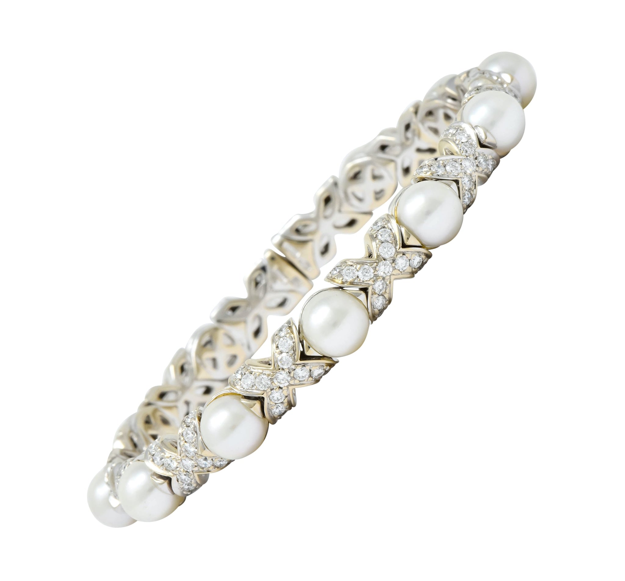 Bulgari 2.88 CTW Diamond Cultured Pearl 18 Karat White Gold X Cuff Bracelet - Wilson's Estate Jewelry