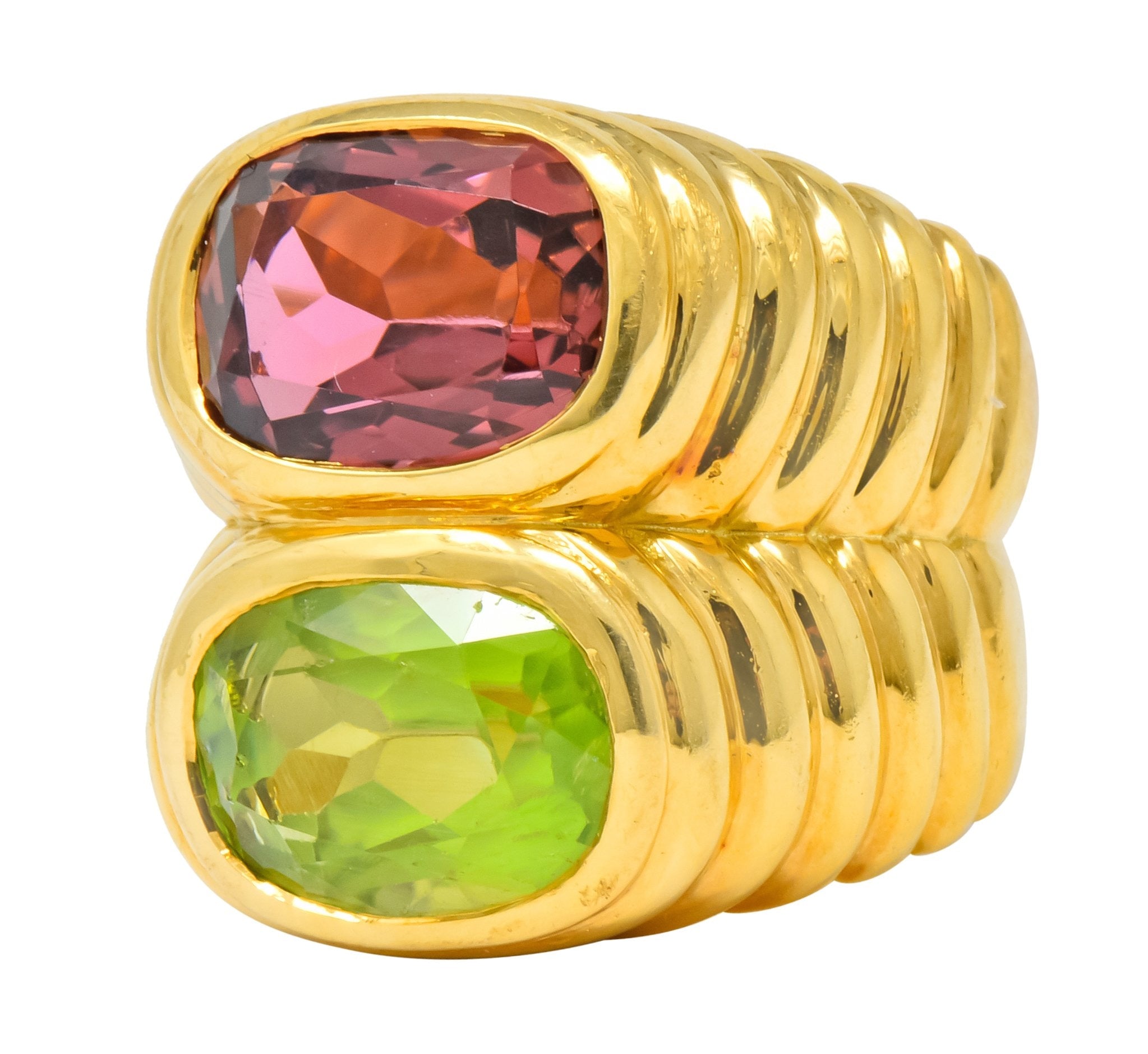 Bulgari 6.10 CTW Peridot Pink Tourmaline 18 Karat Gold Italian Doppio Band Ring - Wilson's Estate Jewelry