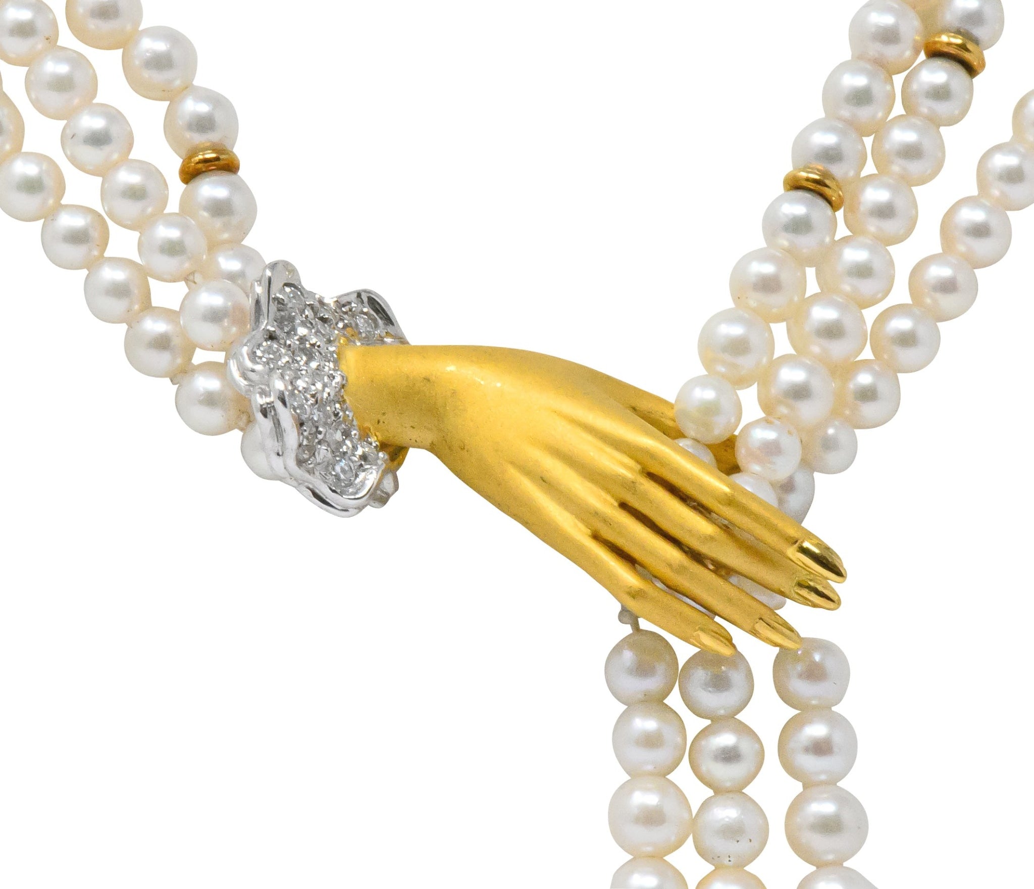 Carrera y Carrera 0.30 CTW Diamond Pearl 18 Karat Gold Las Manos Multi-Strand Necklace - Wilson's Estate Jewelry