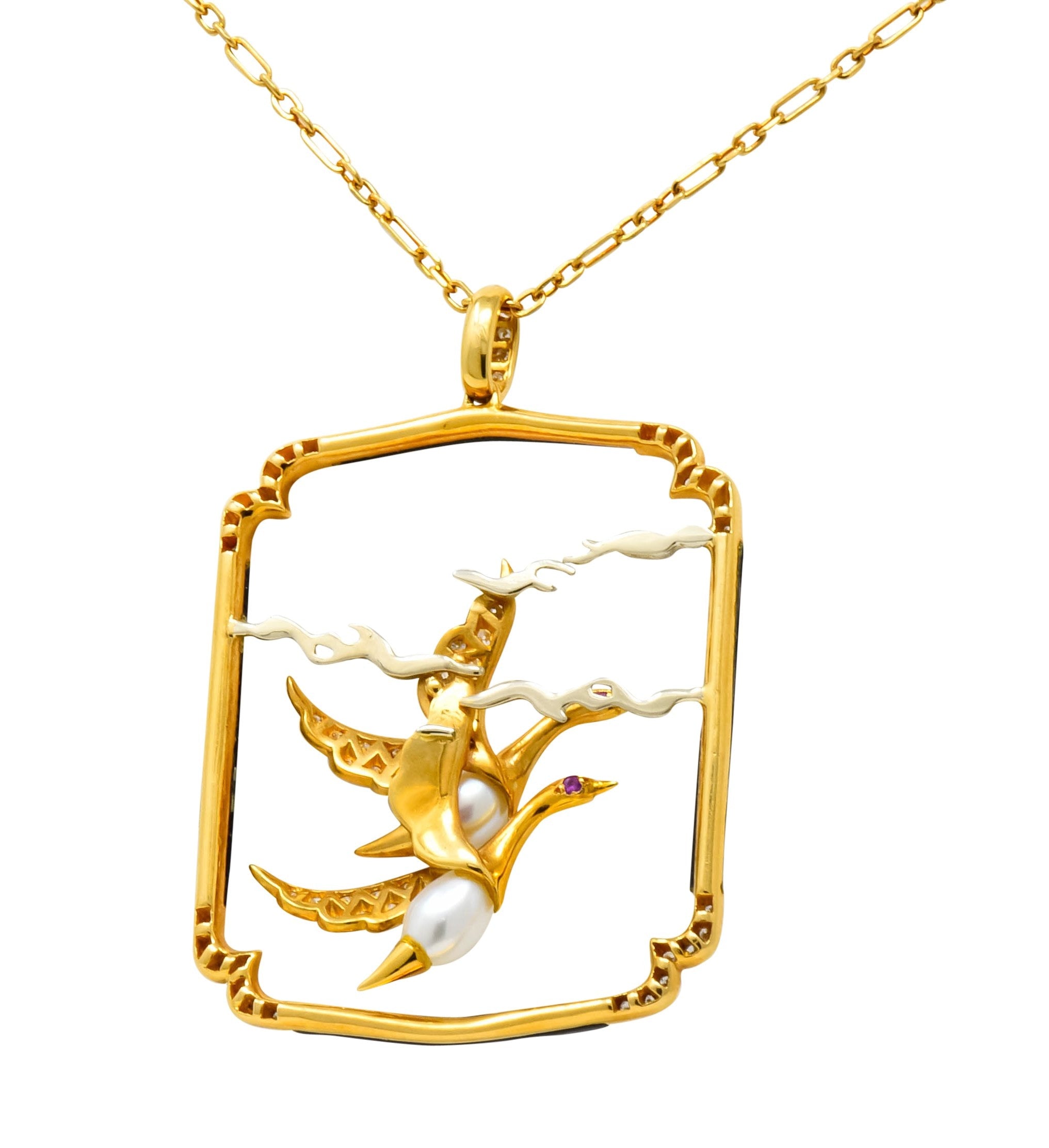 Carrera Y Carrera 1.00 CTW Diamond Onyx Pearl 18 Karat Two-Tone Gold Goose Pendant Necklace - Wilson's Estate Jewelry