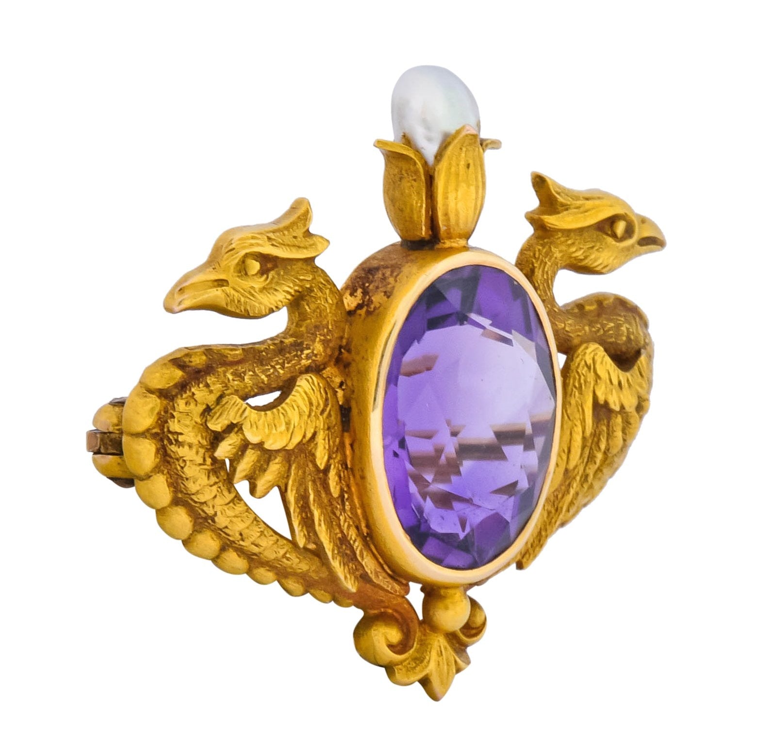 Carter & Gough Art Nouveau Amethyst Pearl 14 Karat Gold Winged Basilisk Brooch Circa 1900 - Wilson's Estate Jewelry