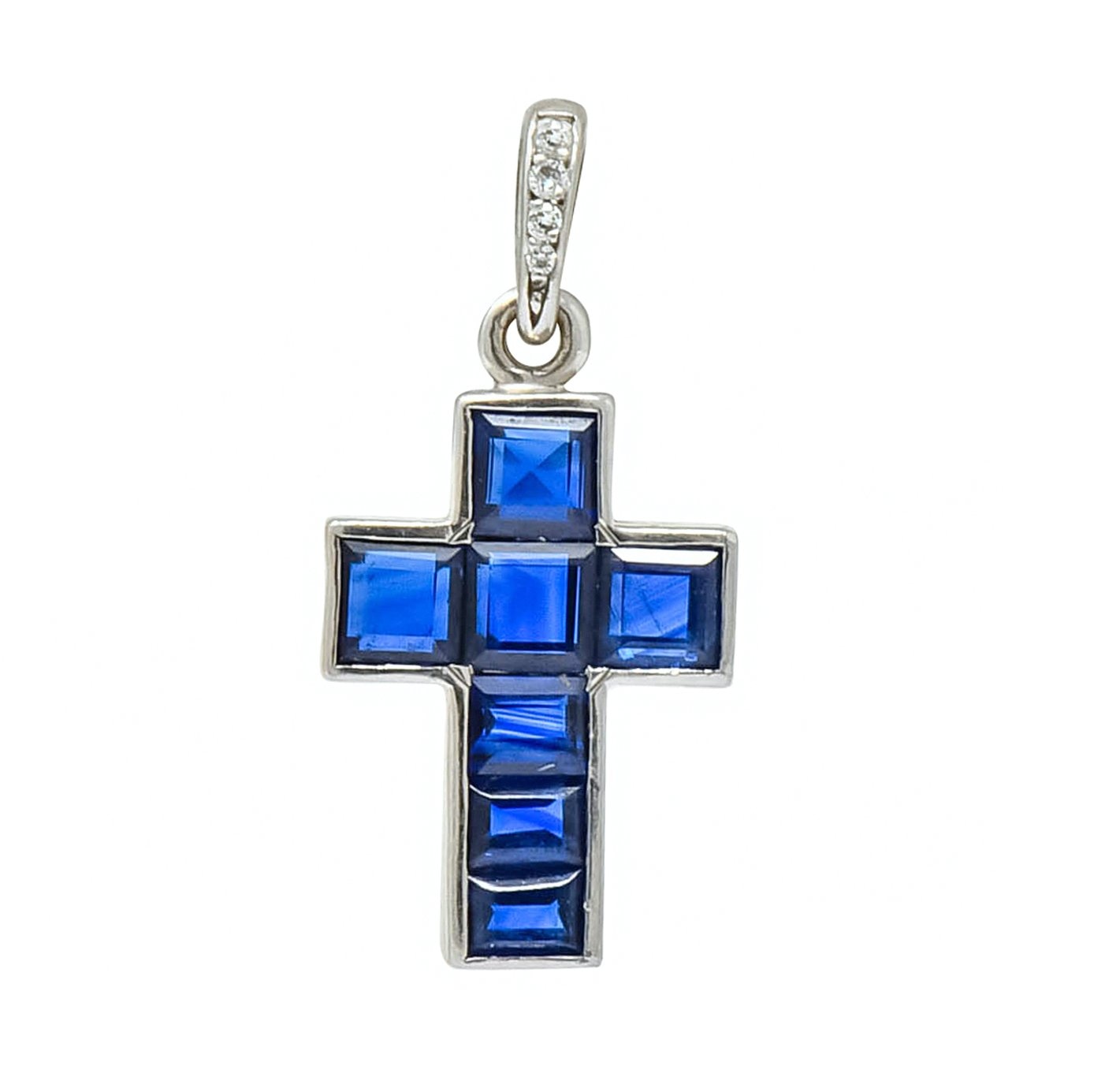 Cartier 1.25 CTW Sapphire Diamond Platinum Unisex Cross Pendant Charm - Wilson's Estate Jewelry