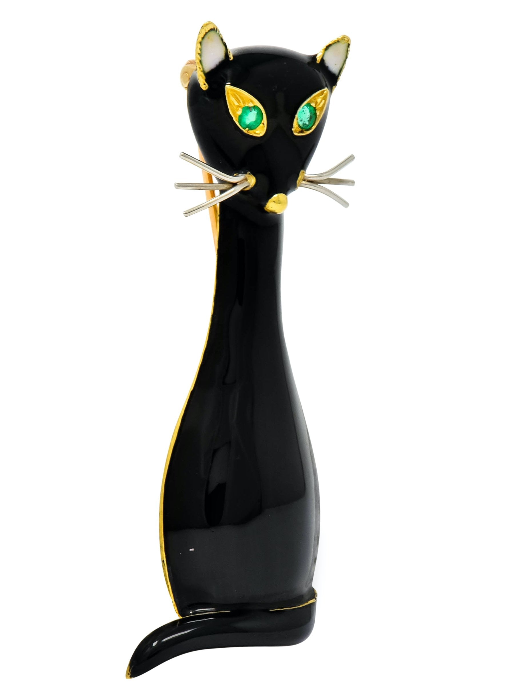 Cellino Retro Black Enamel Emerald 18 Karat Gold Cat Brooch - Wilson's Estate Jewelry