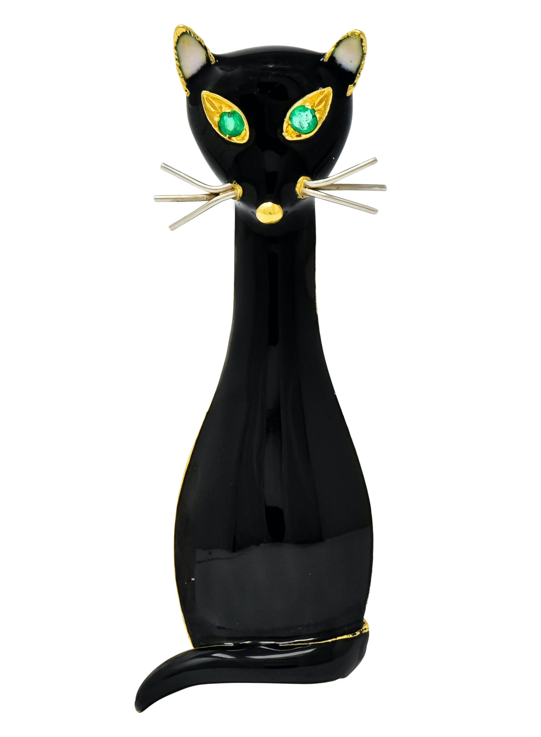 Cellino Retro Black Enamel Emerald 18 Karat Gold Cat Brooch - Wilson's Estate Jewelry