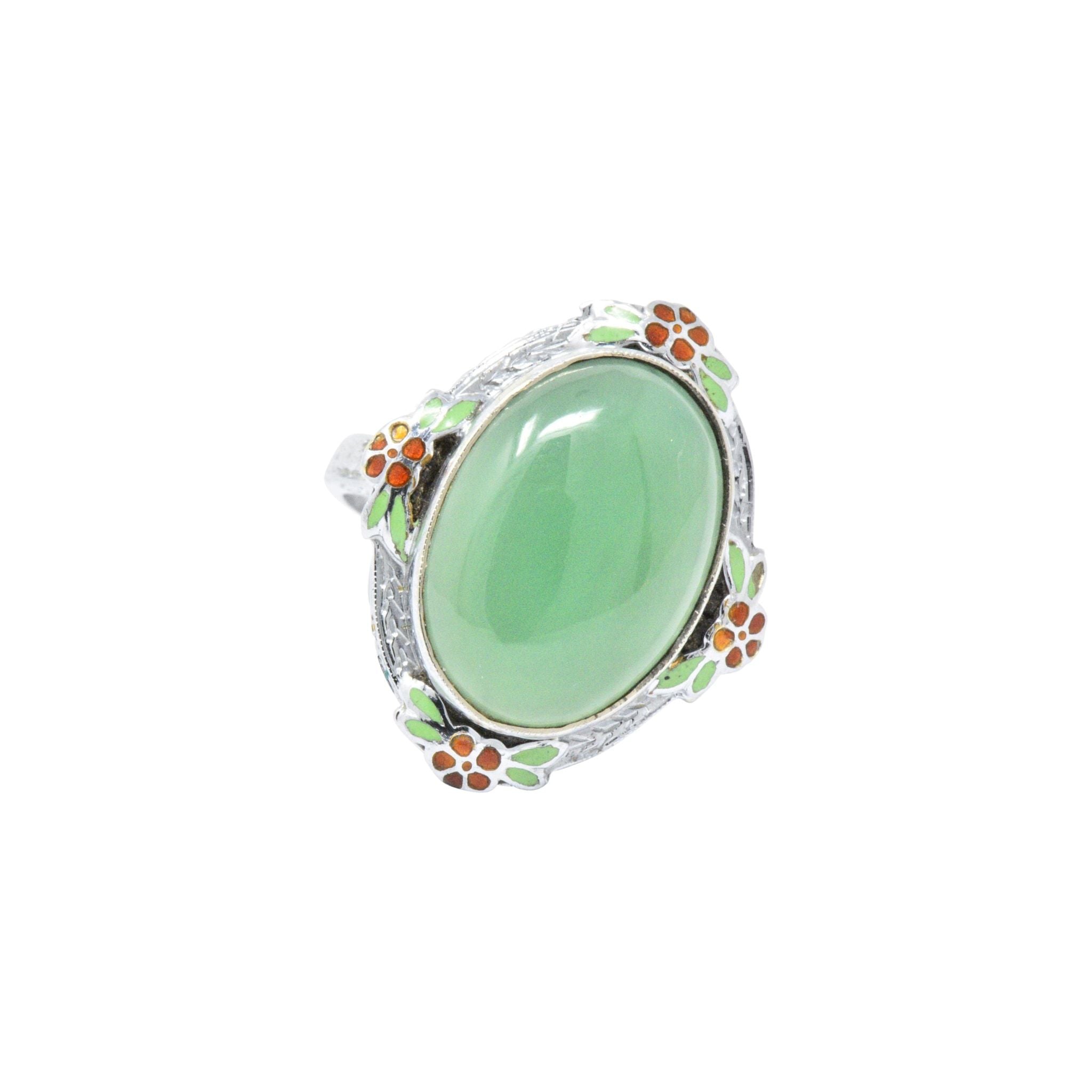 Cheerful Chrysoprase, Enamel & 14 Karat White Gold Ring, Circa 1930's Wilson's Estate Jewelry