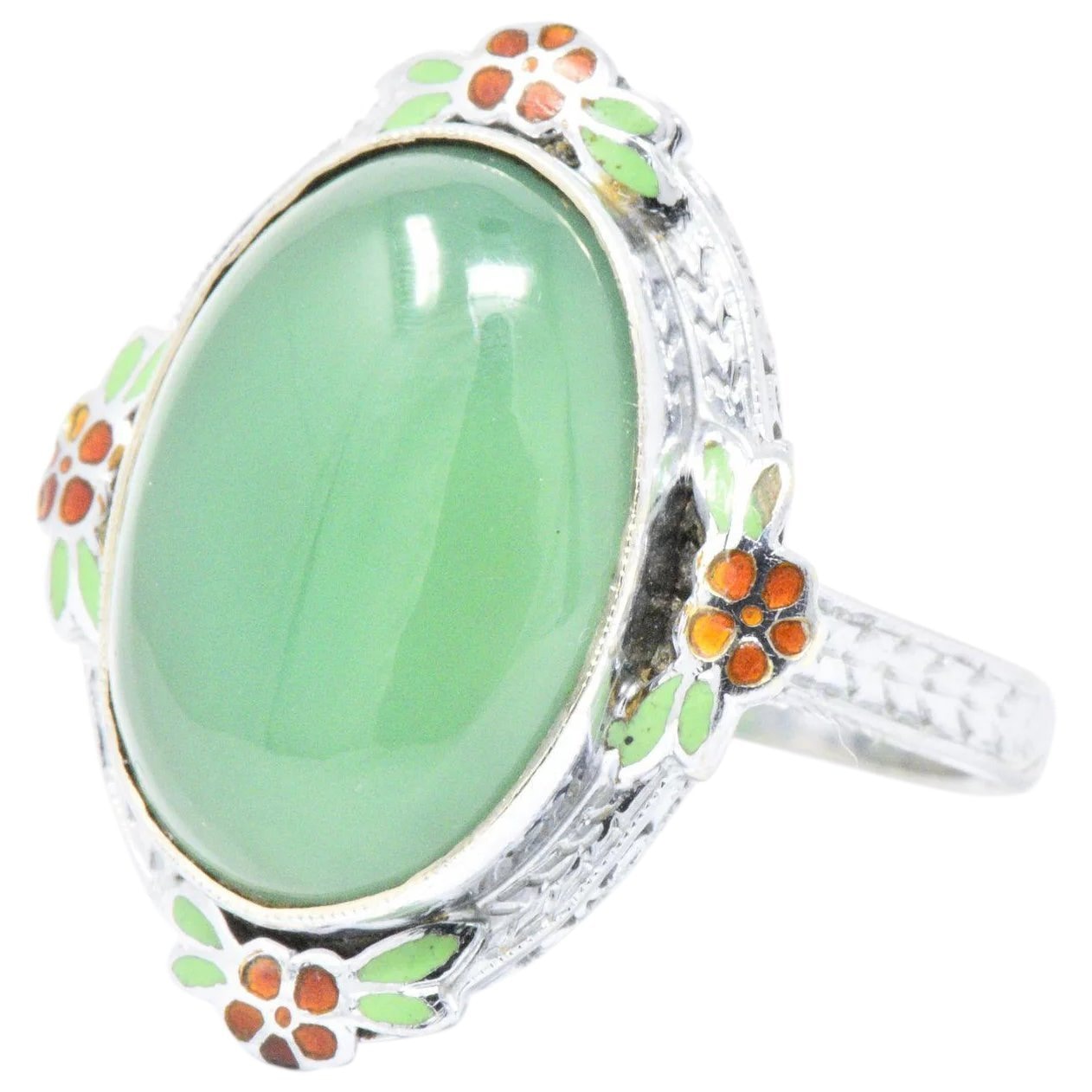 Cheerful Chrysoprase, Enamel & 14 Karat White Gold Ring, Circa 1930's Wilson's Estate Jewelry