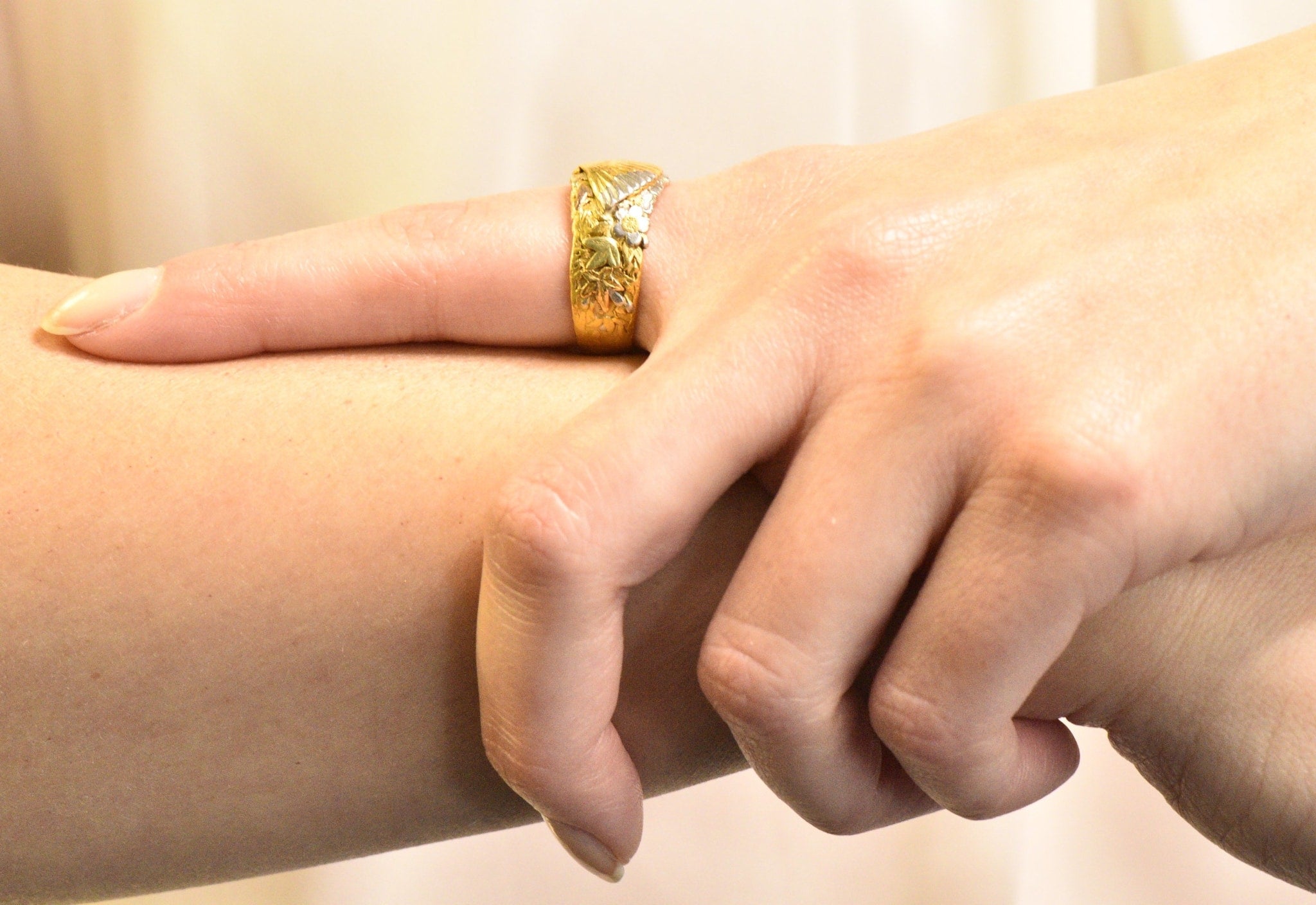 Chinese Late Victorian Tri-Color 22 Karat Gold Platinum Fan Band Ring Wilson's Estate Jewelry