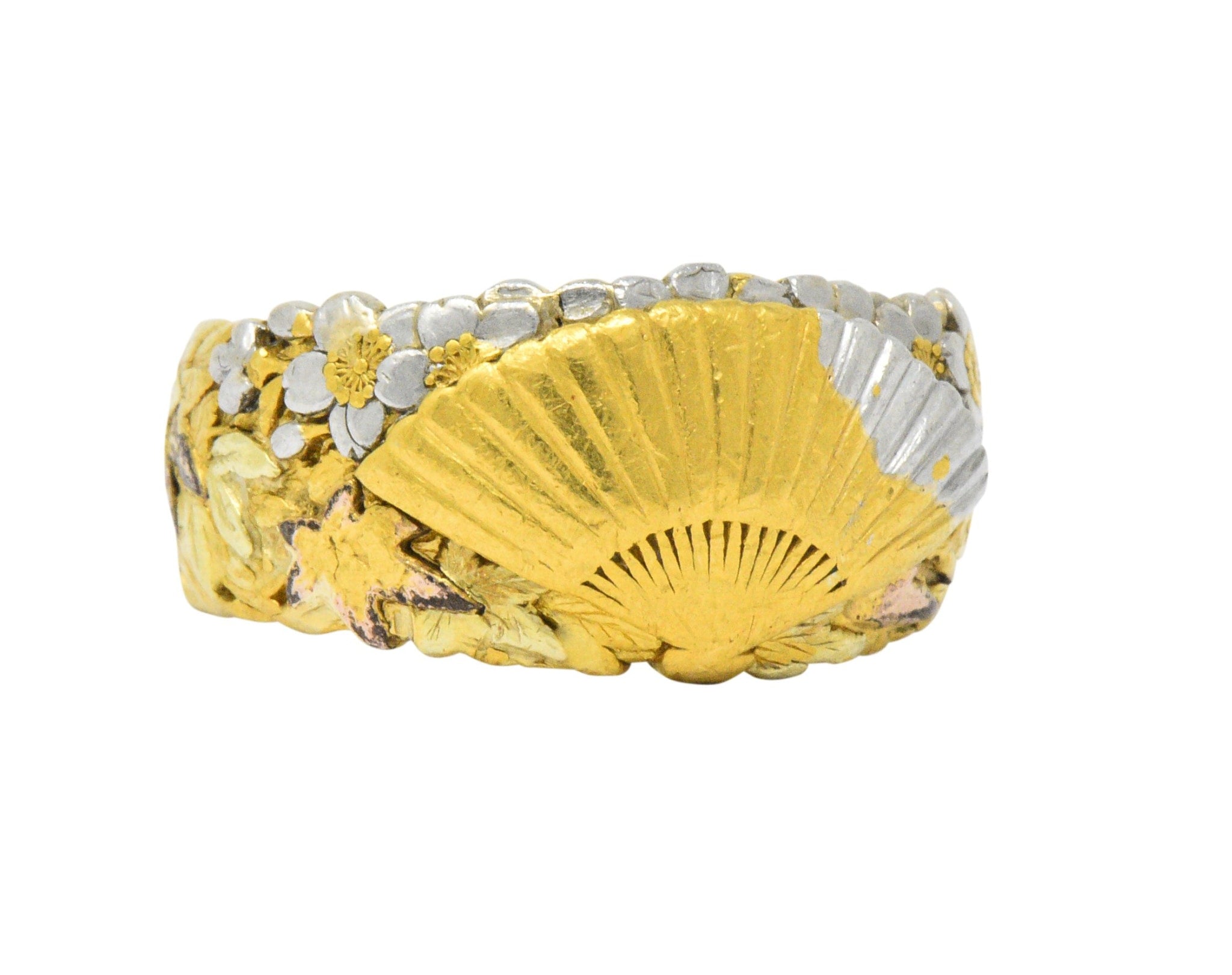 Chinese Late Victorian Tri-Color 22 Karat Gold Platinum Fan Band Ring Wilson's Estate Jewelry