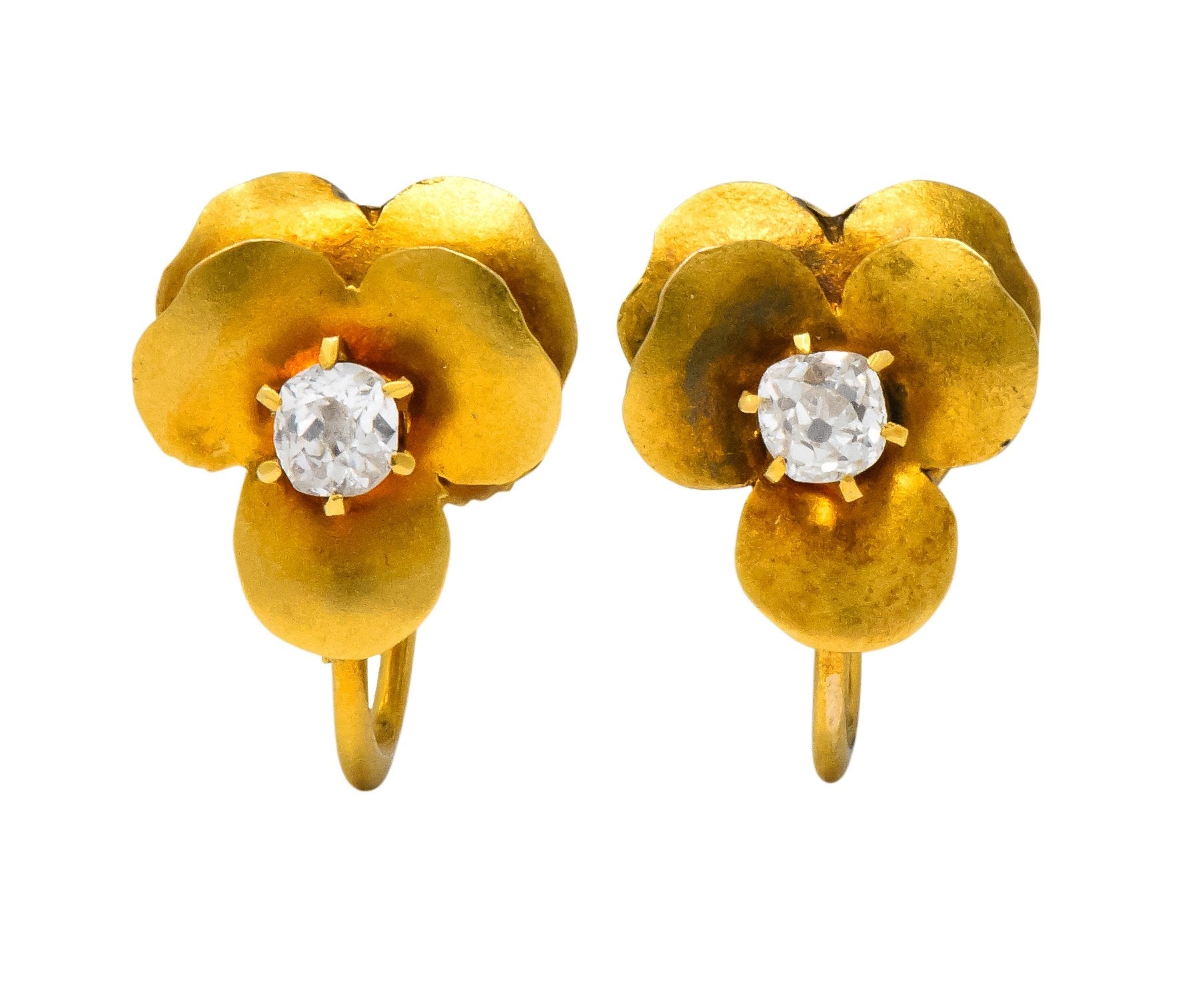 Church & Company Retro Diamond 14 Karat Gold Pansy Flower Earrings Wilson's Estate Jewelry