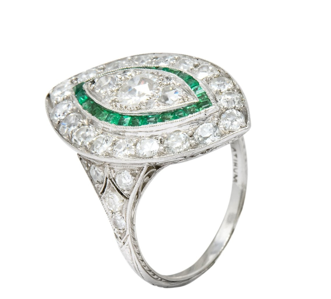 Circa 1915 Edwardian 2.95 CTW Diamond Emerald Platinum Dinner Ring - Wilson's Estate Jewelry