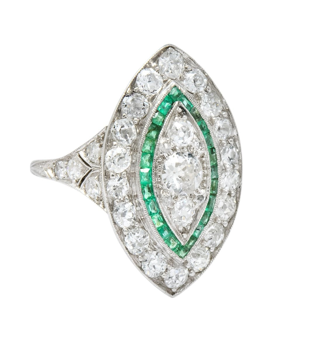 Circa 1915 Edwardian 2.95 CTW Diamond Emerald Platinum Dinner Ring - Wilson's Estate Jewelry