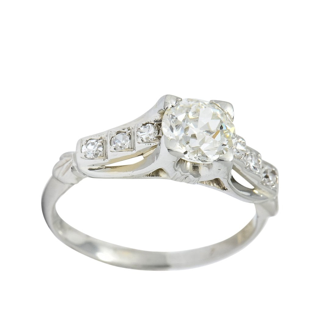 Circa 1940's Retro 1.16 CTW Diamond 18 Karat White Gold Engagement Ring GIA - Wilson's Estate Jewelry