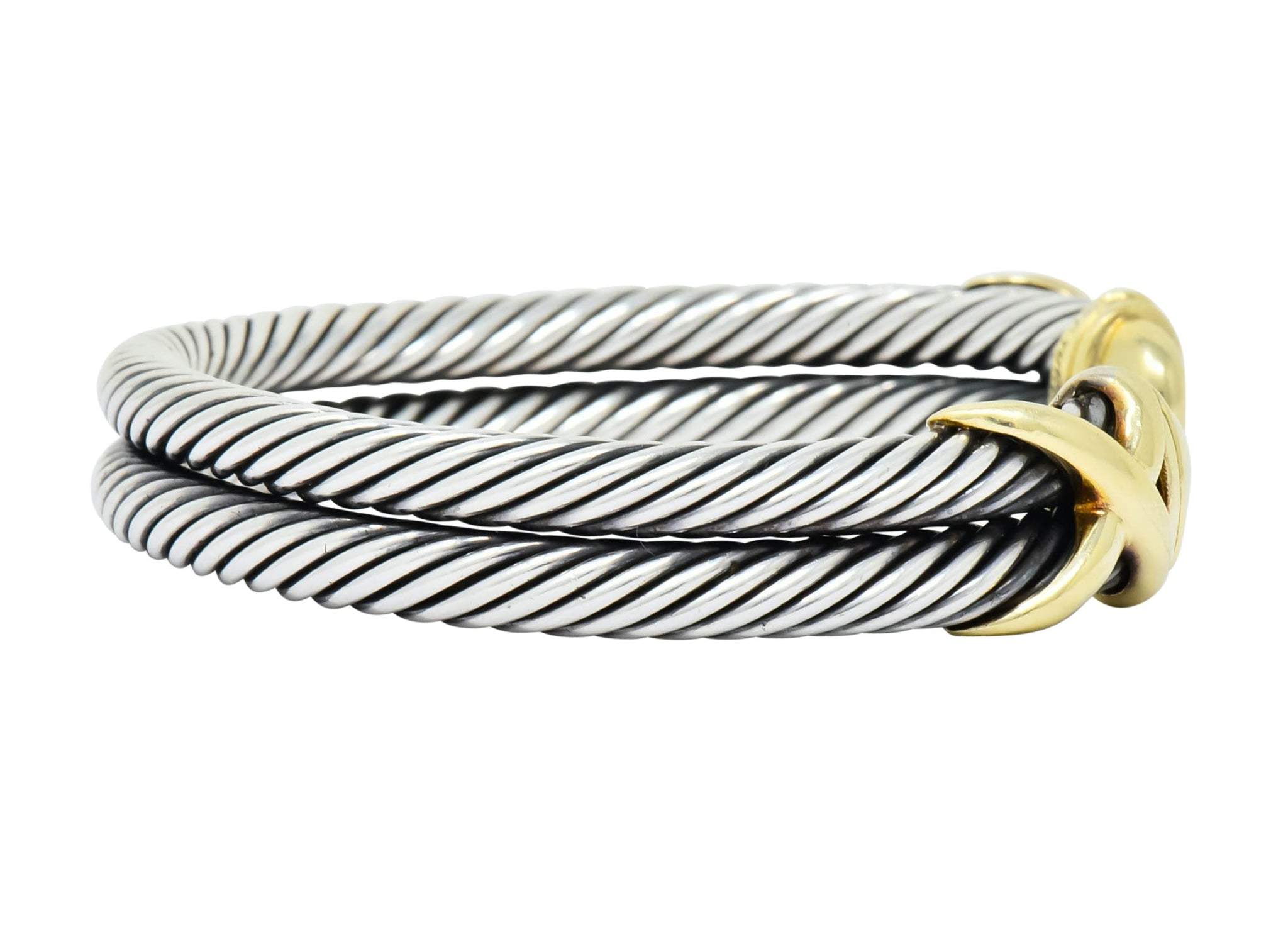 David Yurman 14 Karat Gold Sterling Silver Double Row Cable Cuff Bracelet - Wilson's Estate Jewelry