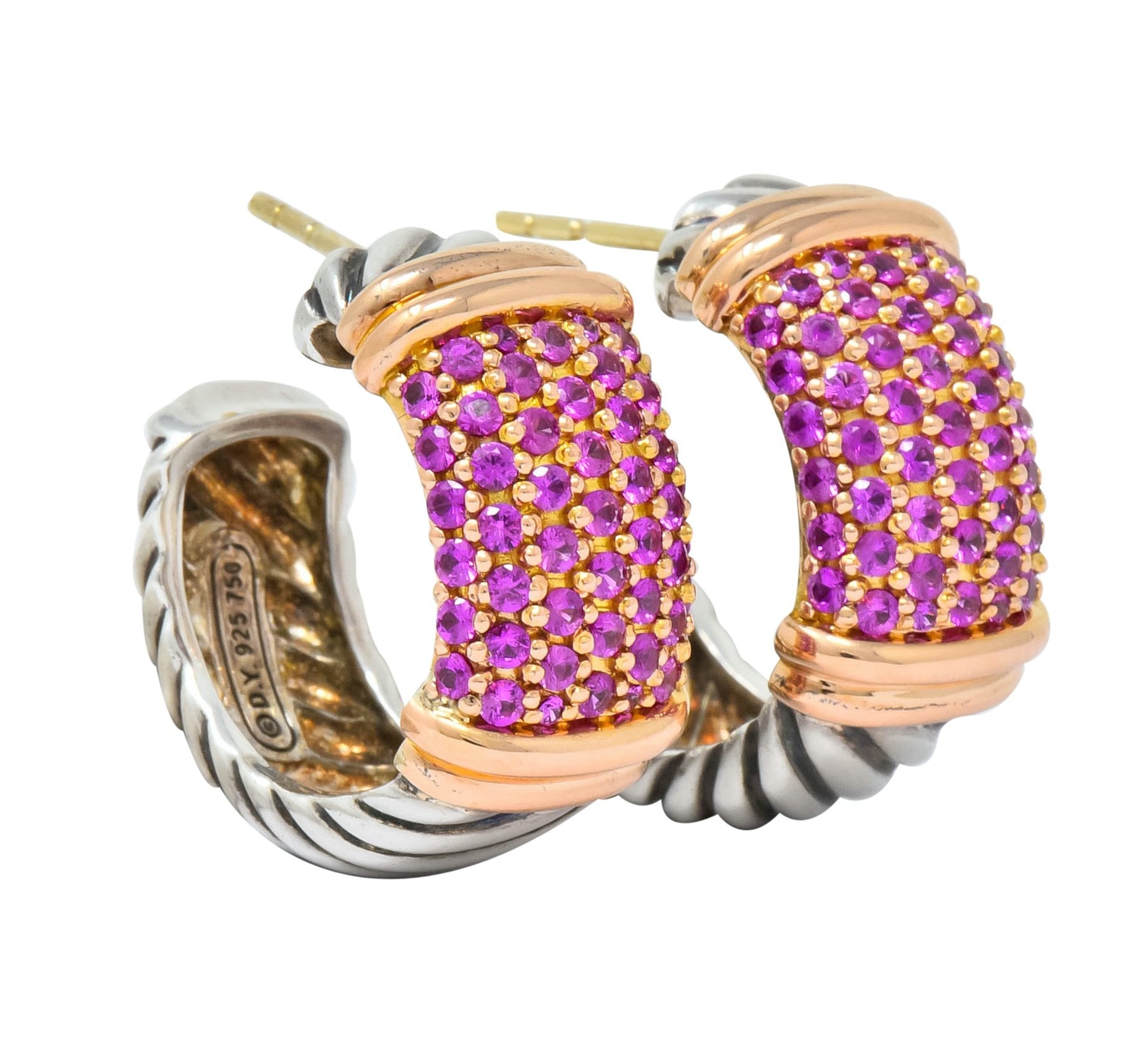 David Yurman 2.00 CTW Pink Sapphire Sterling Silver 18 Karat Rose Gold Metro Hoop Earrings - Wilson's Estate Jewelry