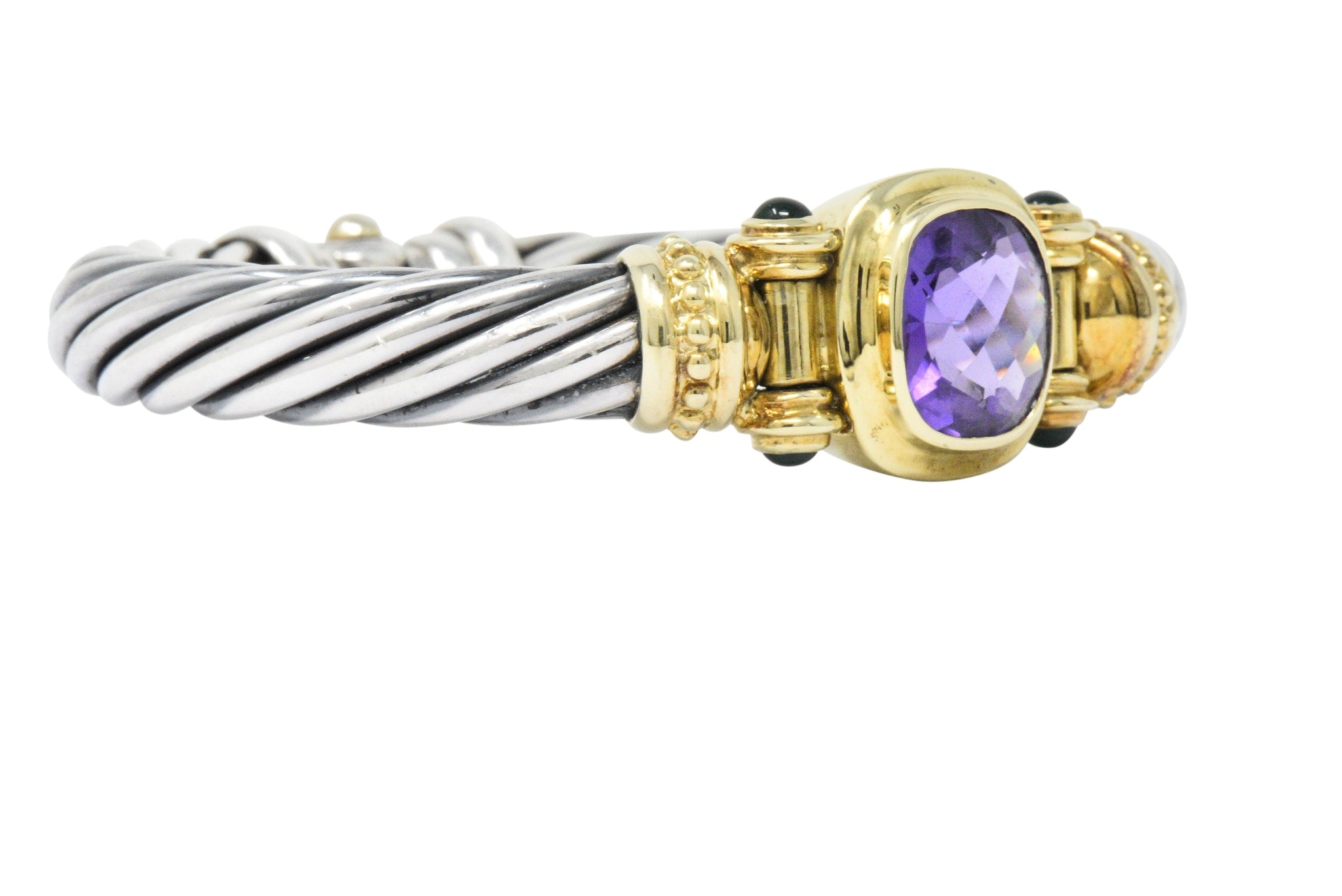 David Yurman Amethyst Green Onyx Sterling Silver 14 Karat Gold Cable Bracelet Wilson's Estate Jewelry