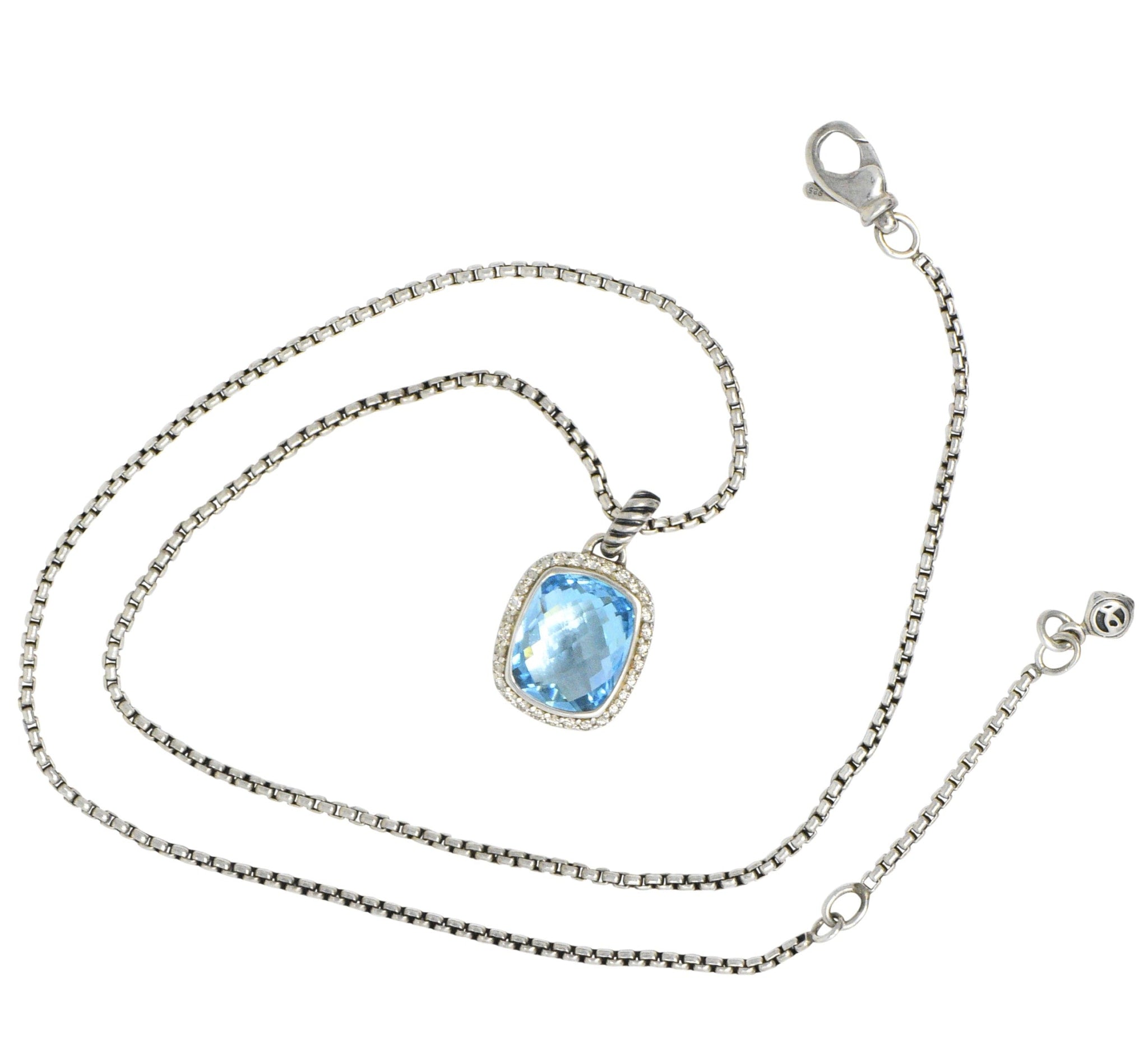 David Yurman Blue Topaz Diamond Albion Sterling Silver Pendant Necklace Wilson's Estate Jewelry