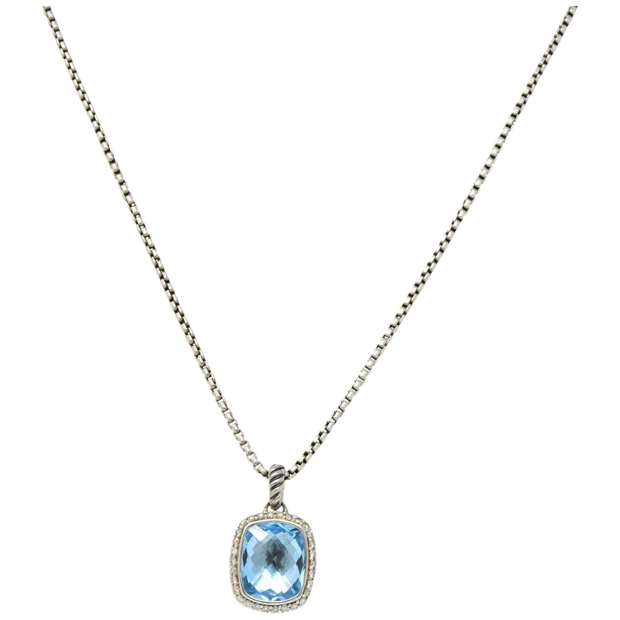 David Yurman Blue Topaz Diamond Albion Sterling Silver Pendant Necklace Wilson's Estate Jewelry