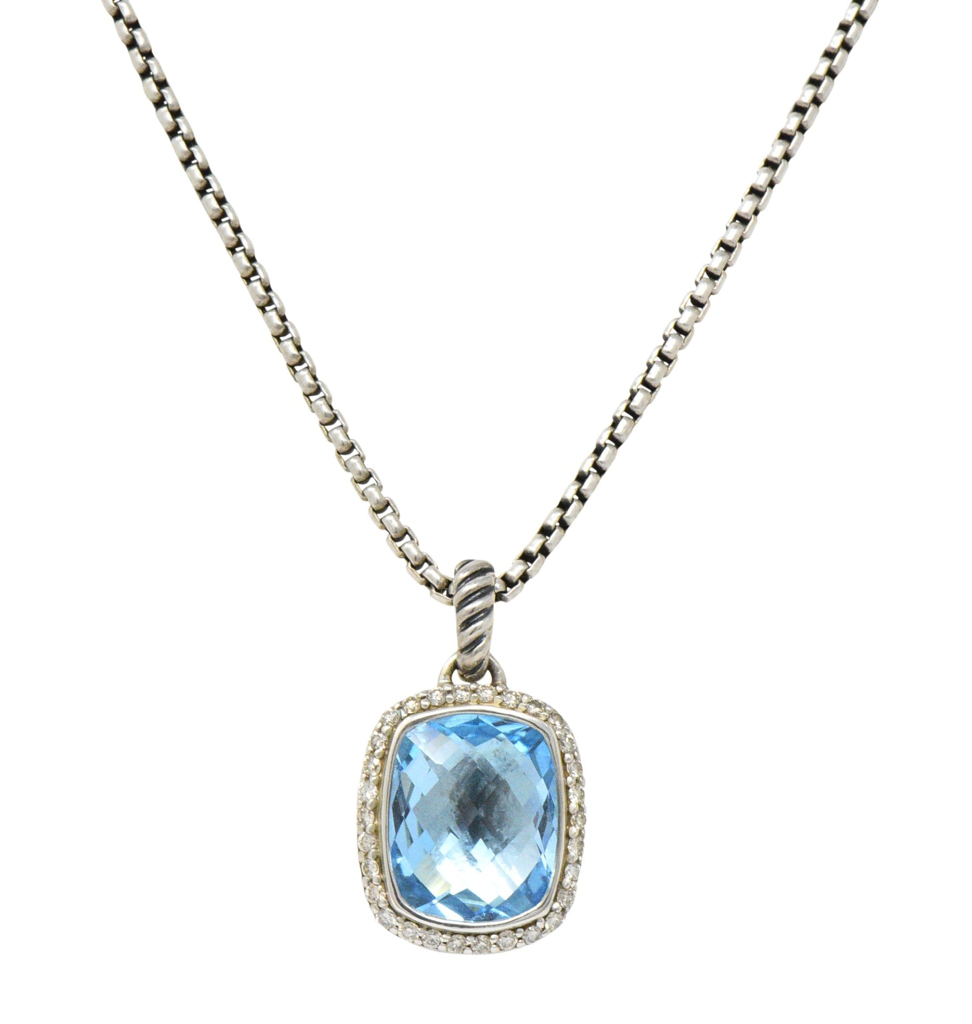 David Yurman Blue Topaz Diamond Albion Sterling Silver Pendant Necklace Wilson's Estate Jewelry