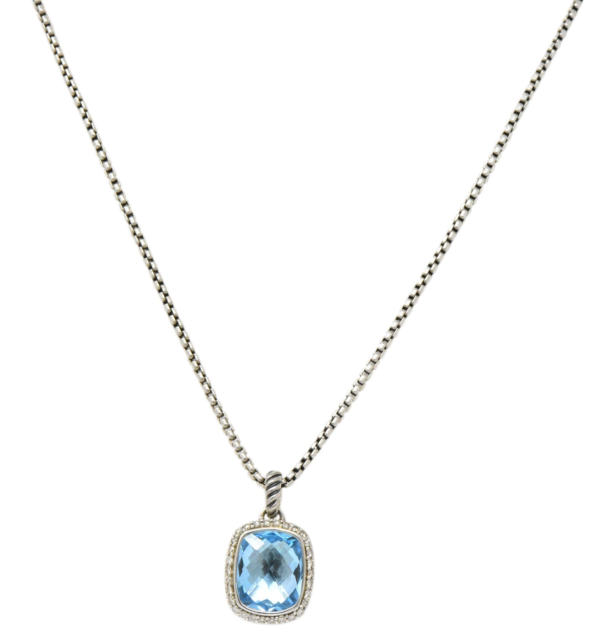 David Yurman Blue Topaz Diamond Albion Sterling Silver Pendant Necklace Wilson's Estate Jewelry