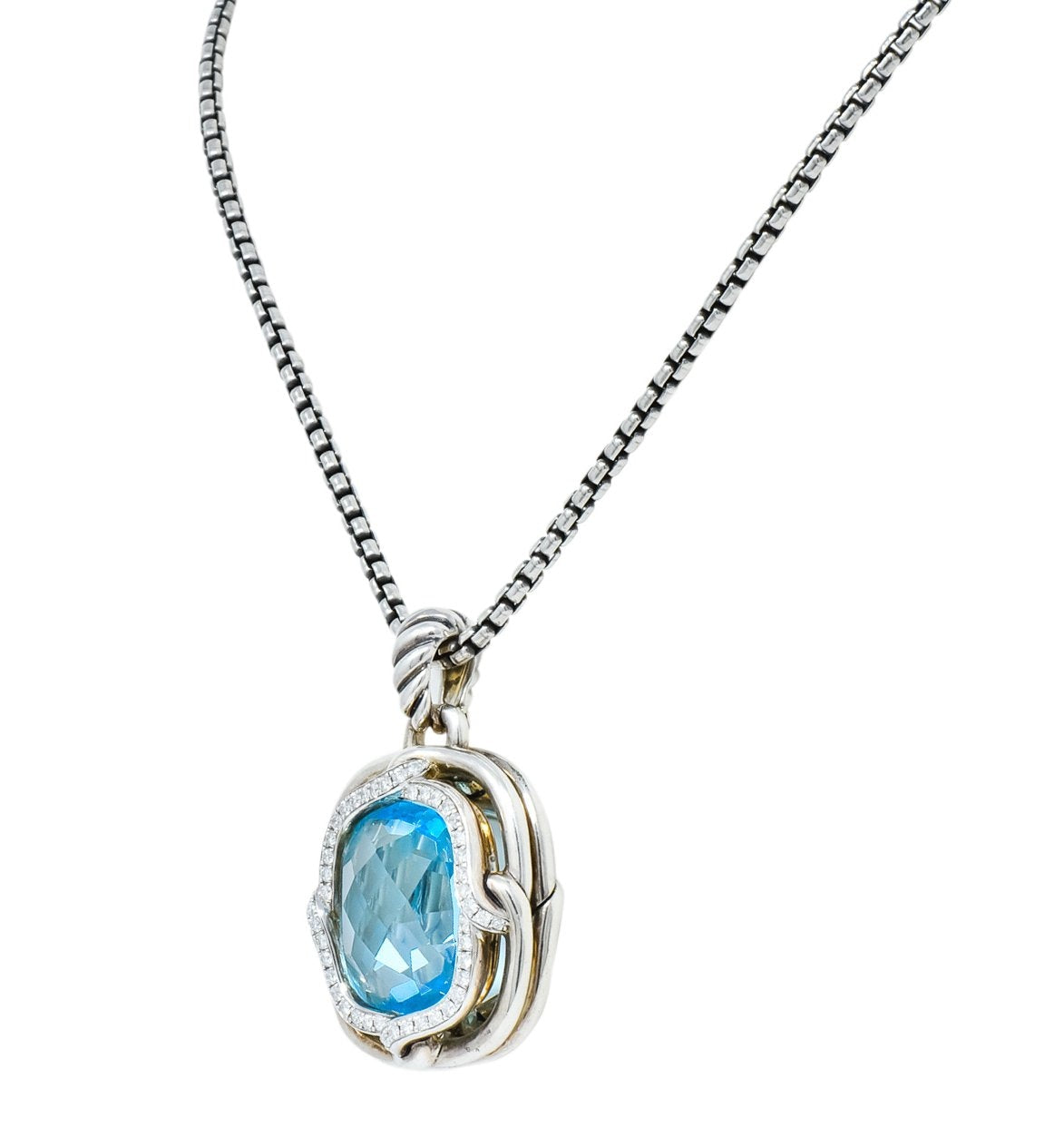 David Yurman Blue Topaz Diamond Sterling Silver 14 Karat Gold Labyrinth Enhancer Necklace - Wilson's Estate Jewelry