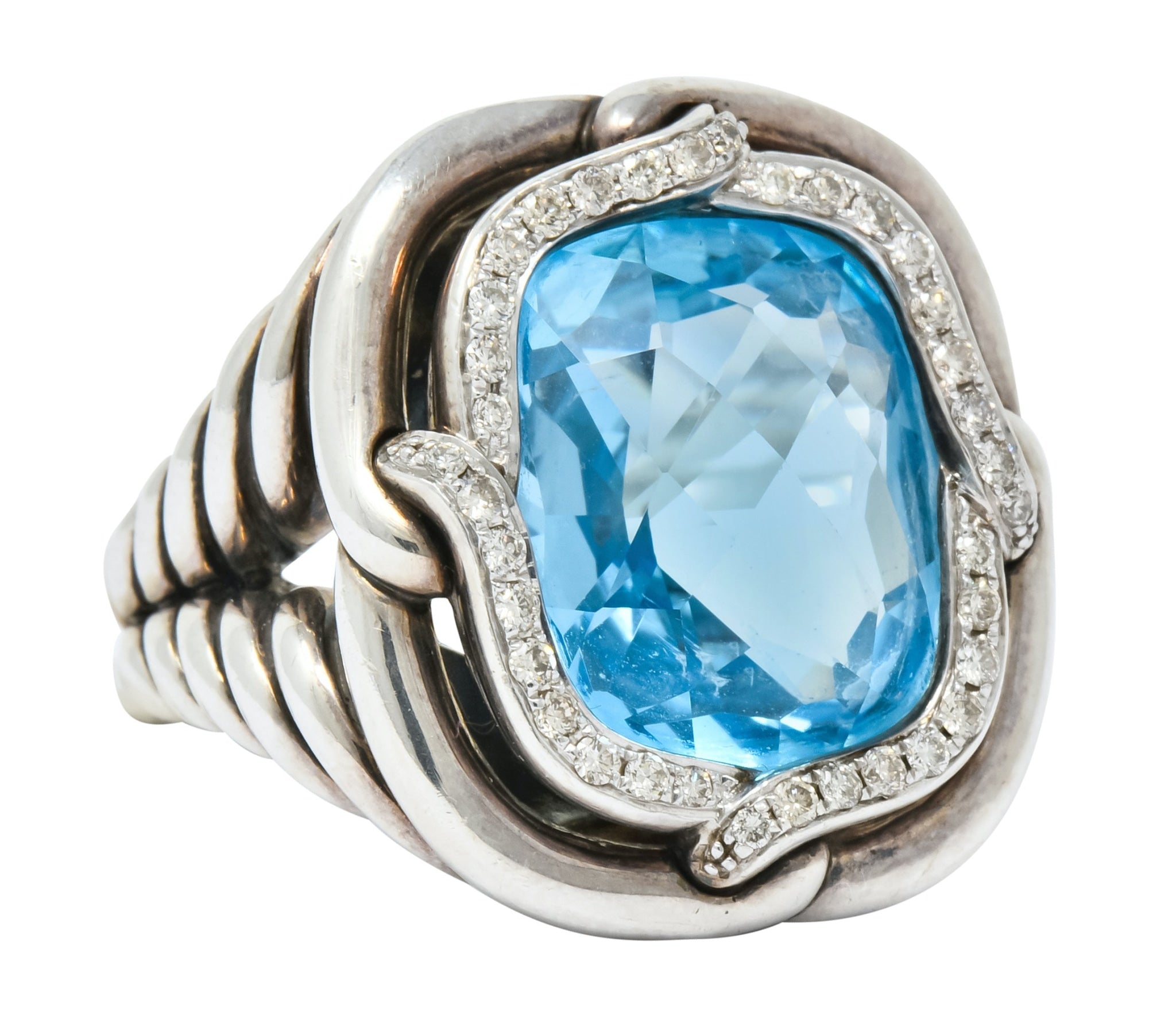 David Yurman Blue Topaz Diamond Sterling Silver 14 Karat Gold Labyrinth Ring - Wilson's Estate Jewelry