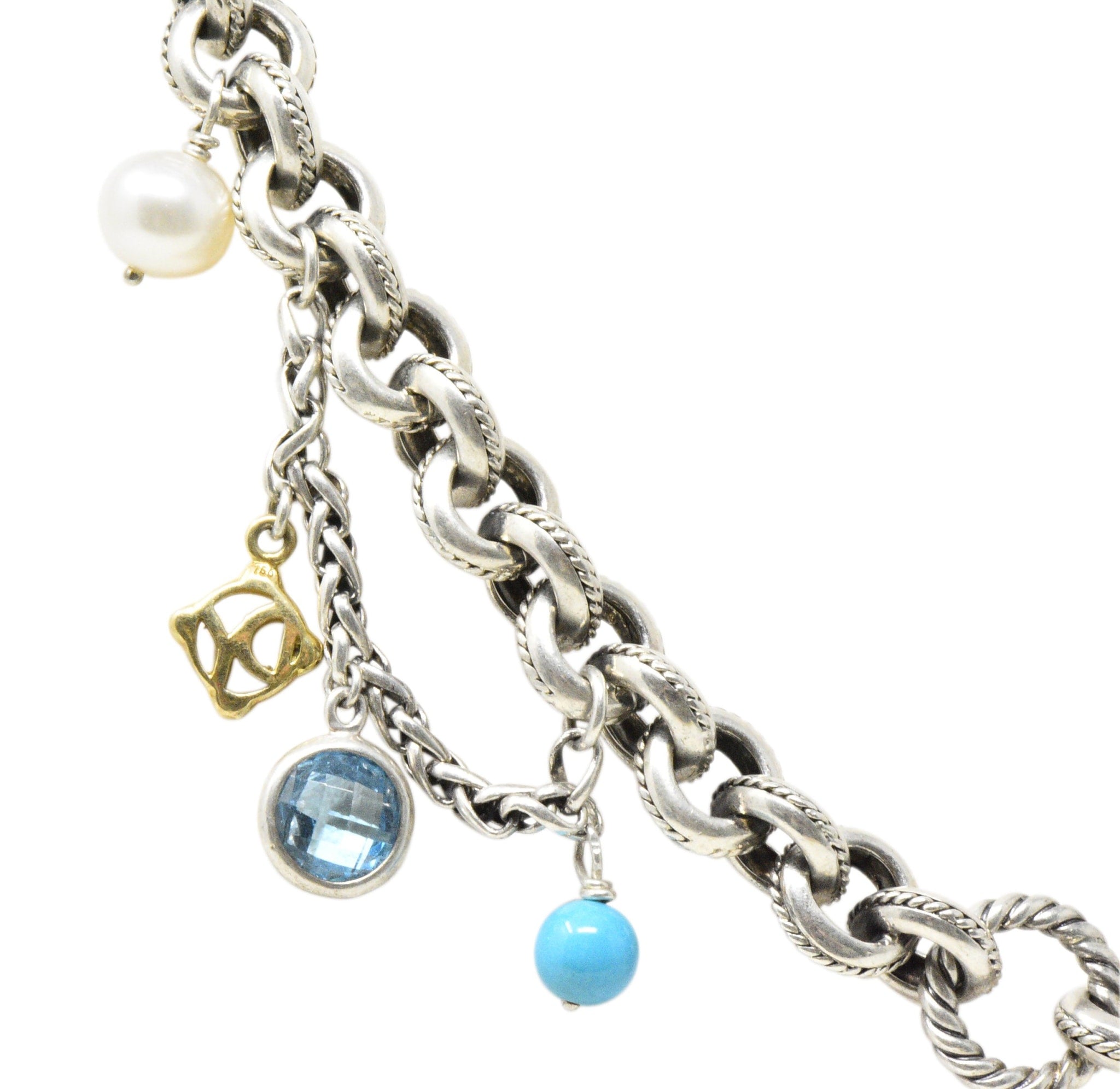 David Yurman Blue Topaz Pearl Turquoise 18 Karat Yellow Gold Sterling Silver Necklace Wilson's Estate Jewelry