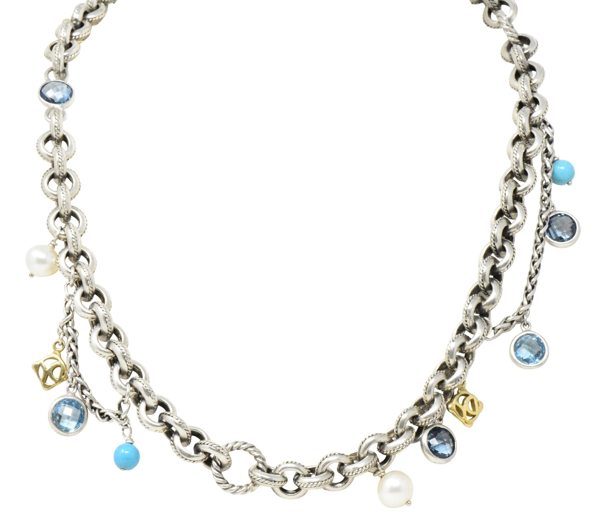 David Yurman Blue Topaz Pearl Turquoise 18 Karat Yellow Gold Sterling Silver Necklace Wilson's Estate Jewelry