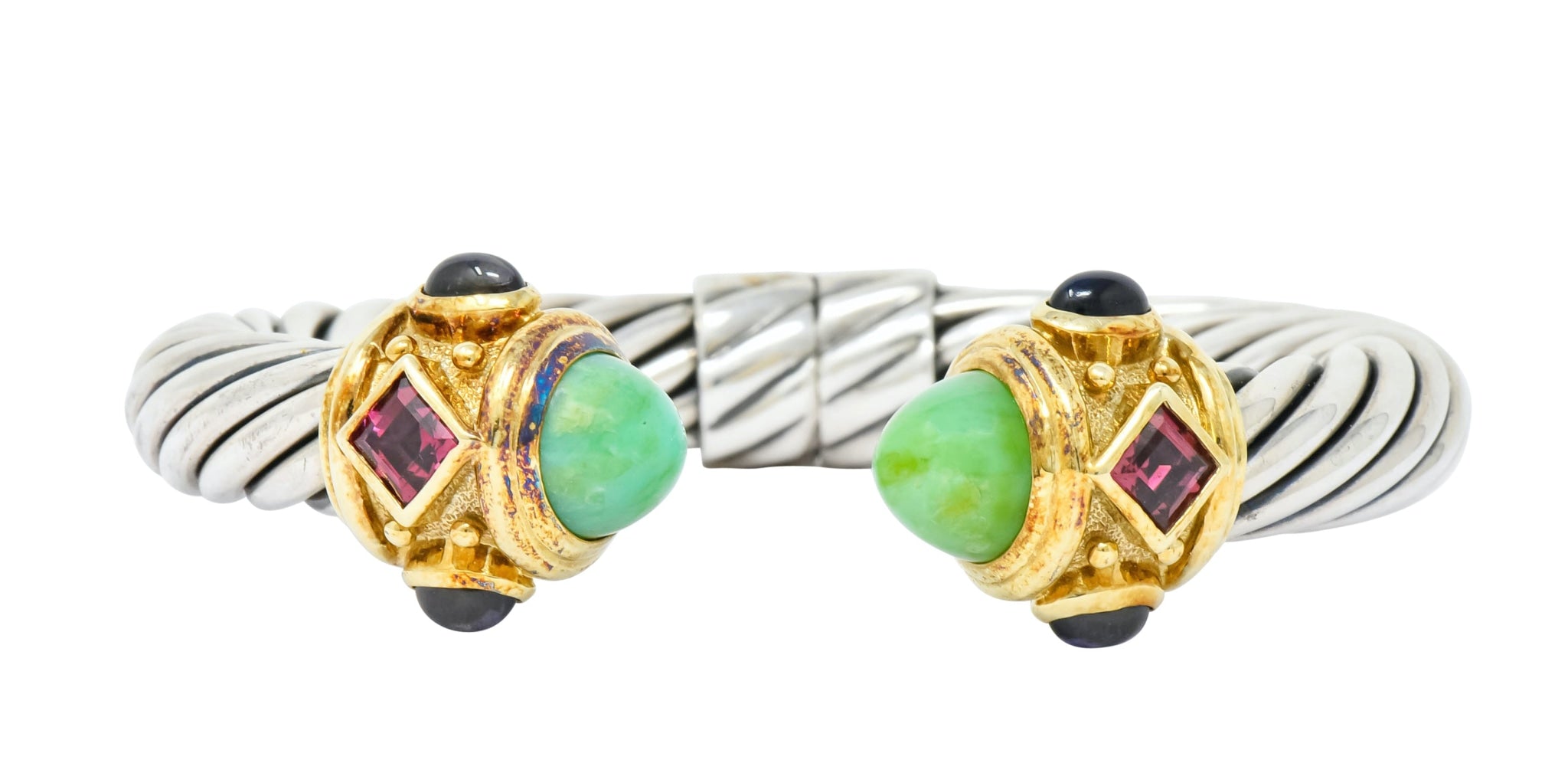 David Yurman Chrysoprase Iolite Garnet 14 Karat Gold Sterling Silver Renaissance Cuff Bracelet - Wilson's Estate Jewelry