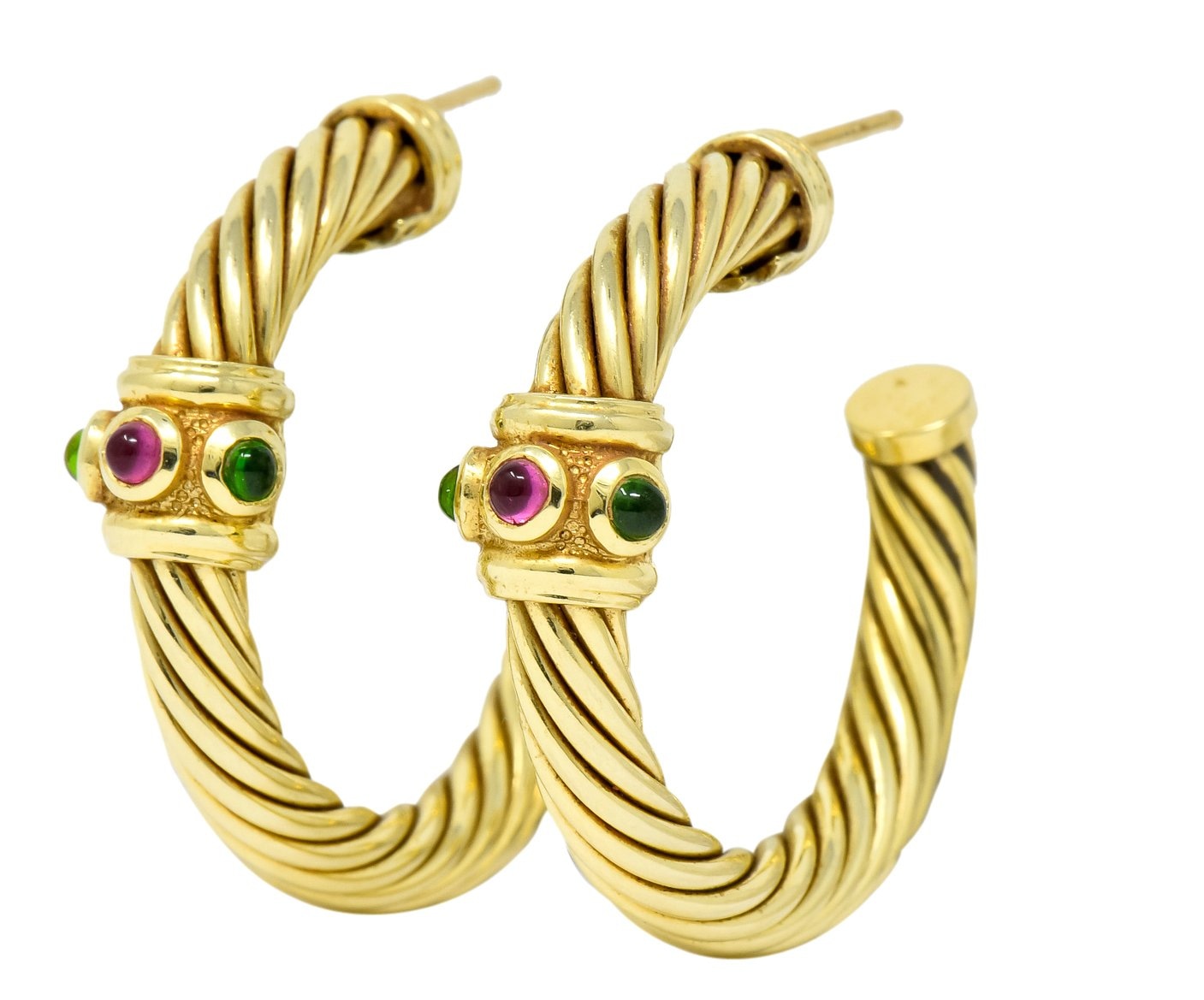 David Yurman Tourmaline Rhodolite Garnet 14 Karat Yellow Gold Hoop Earrings - Wilson's Estate Jewelry