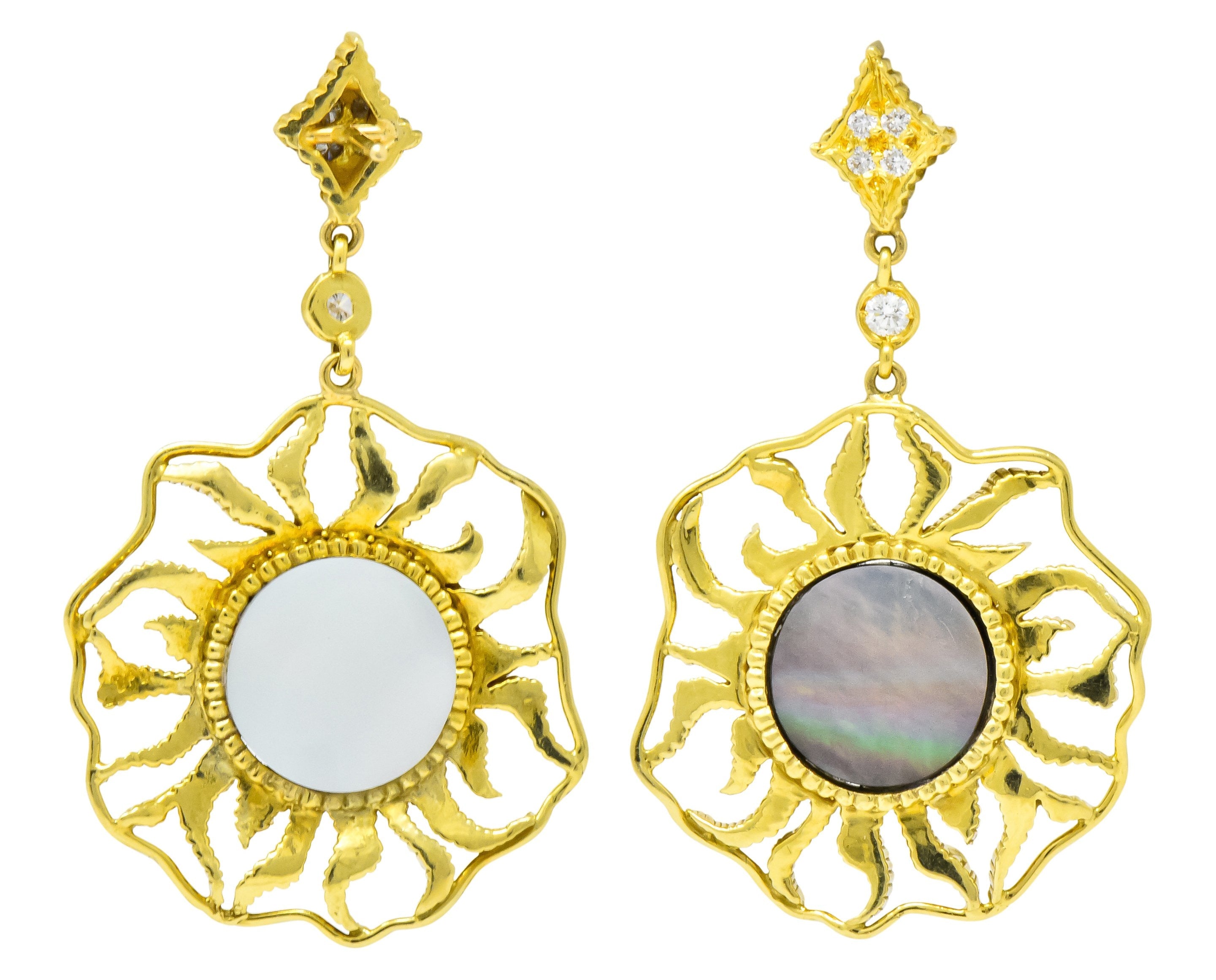 Doris Panos Diamond Mother-Of-Pearl 18 Karat Gold Sunburst Drop Earrings Wilson's Estate Jewelry