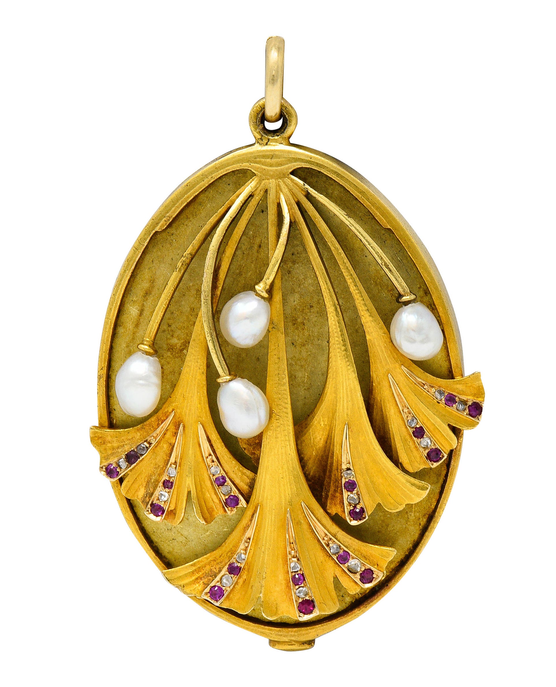 Large Art Nouveau Pearl Ruby Diamond 18 Karat Two-Tone Ginkgo Mirror Locket PendantNecklace - Wilson's Estate Jewelry