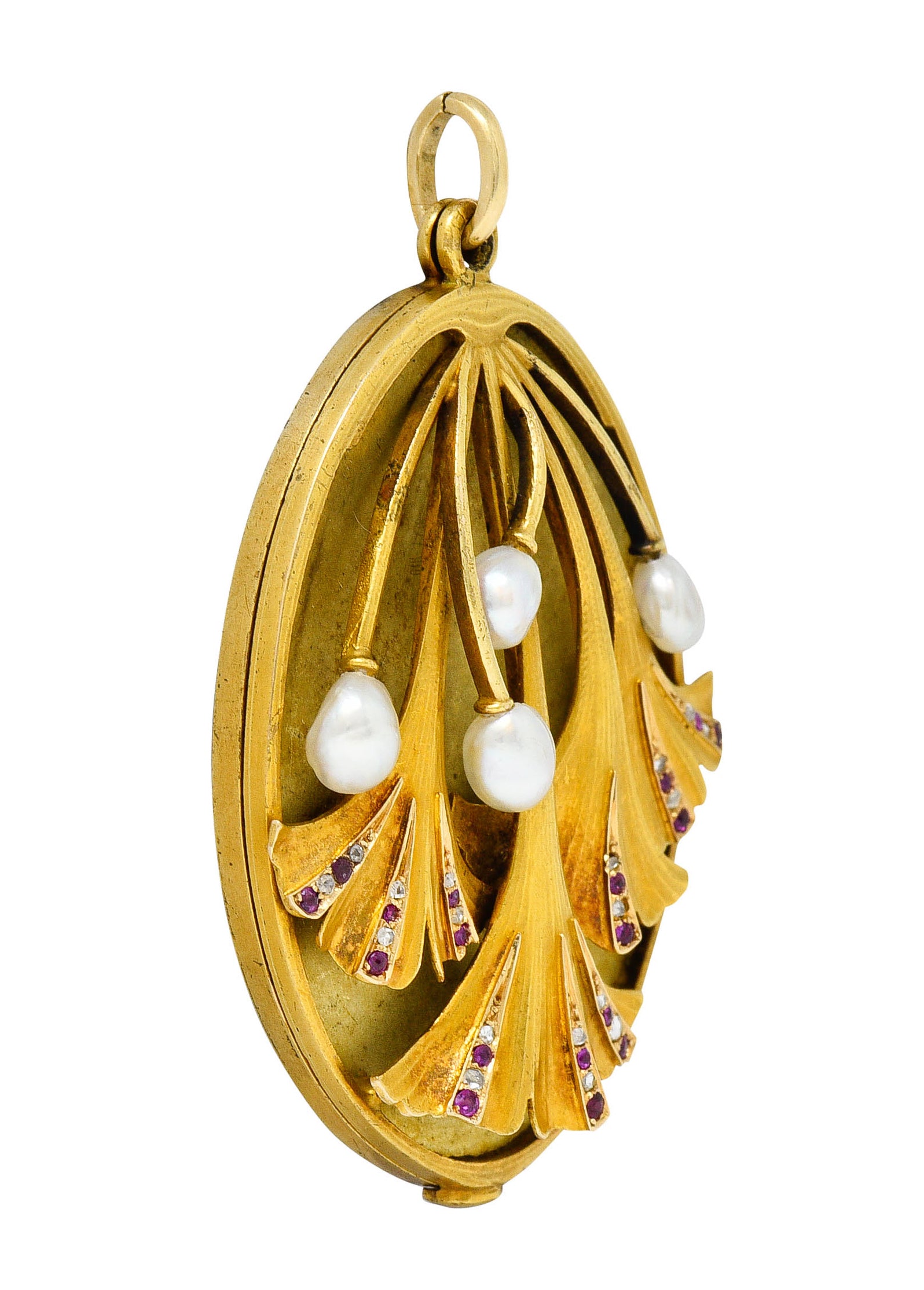 Large Art Nouveau Pearl Ruby Diamond 18 Karat Two-Tone Ginkgo Mirror Locket PendantNecklace - Wilson's Estate Jewelry