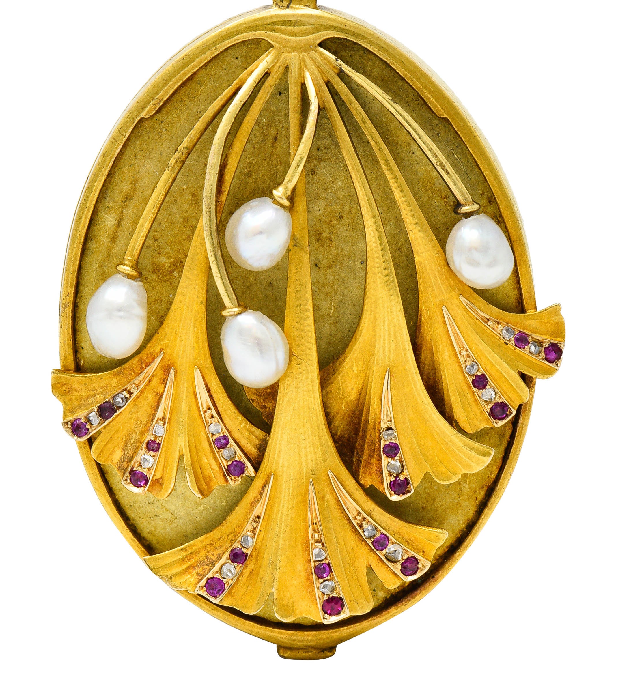 Large Art Nouveau Pearl Ruby Diamond 18 Karat Two-Tone Ginkgo Mirror Locket PendantNecklace - Wilson's Estate Jewelry