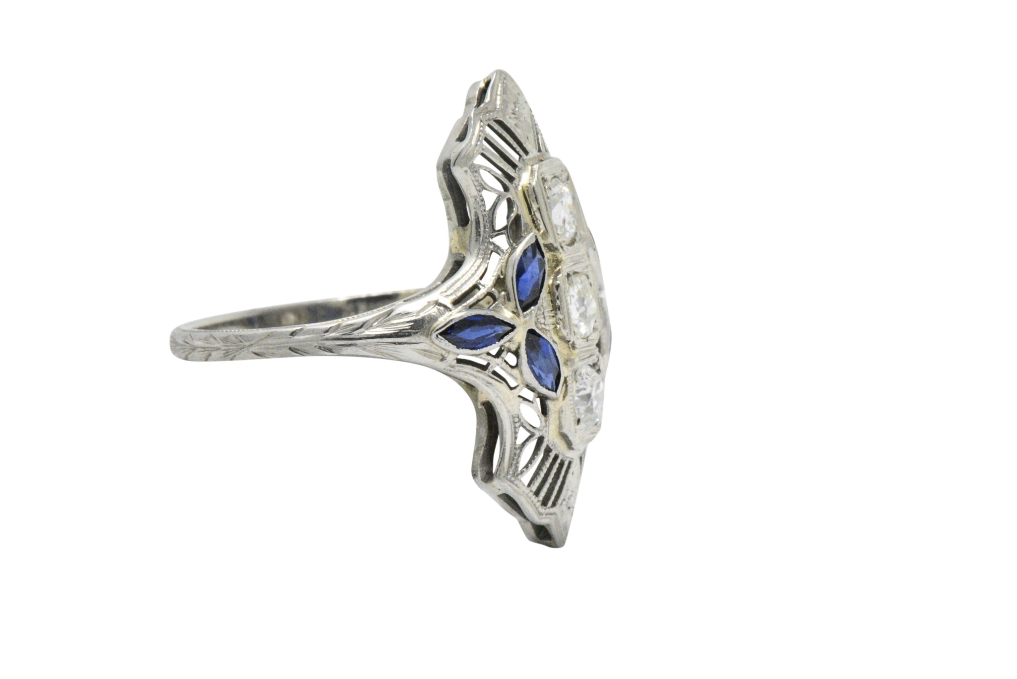 Edwardian 0.35 CTW Diamond Synthetic Sapphire 18 Karat White Gold Dinner Ring Wilson's Estate Jewelry