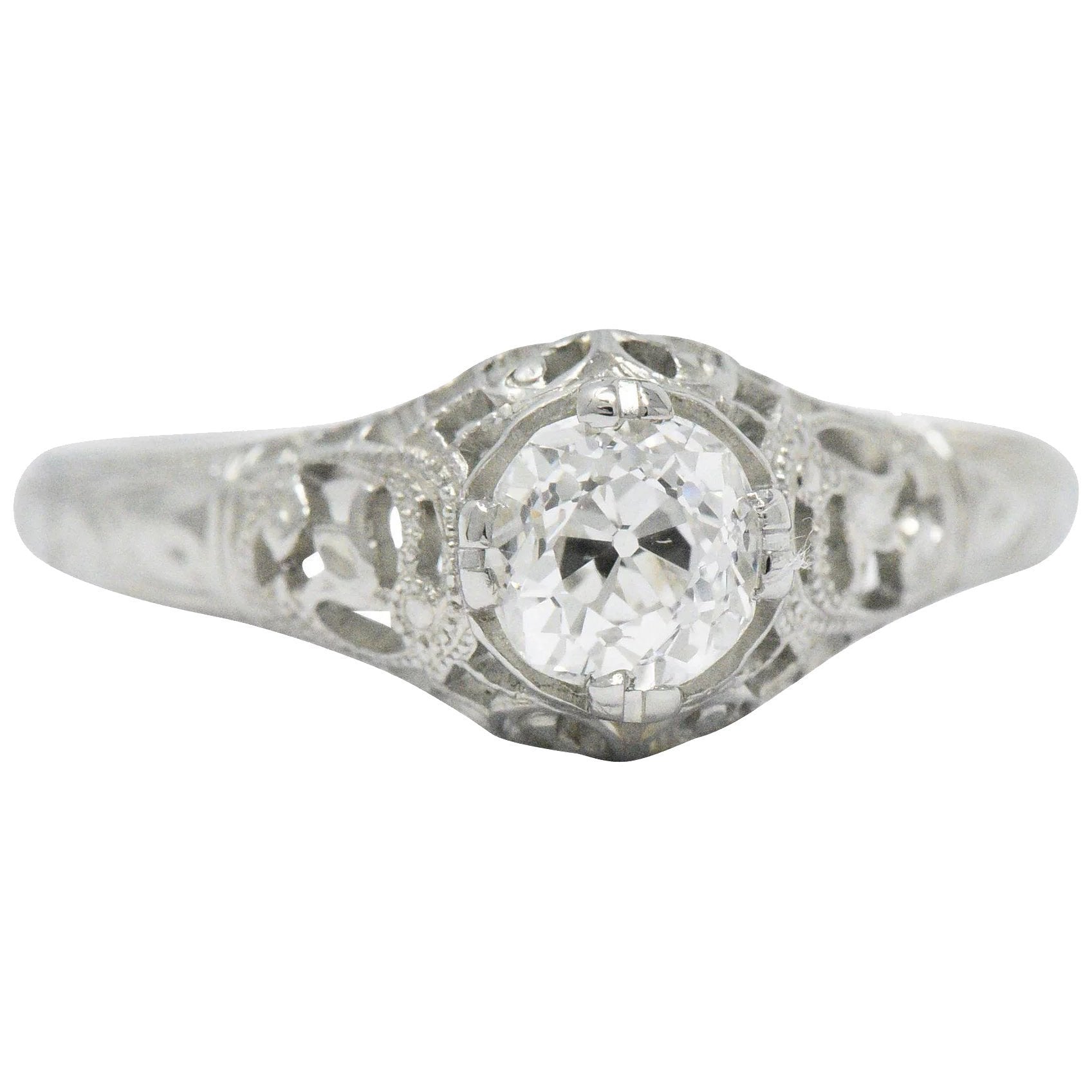 Edwardian 0.50 CTW Old Mine Diamond 18 Karat White Gold Tulip Flower Engagement Ring GIA Wilson's Estate Jewelry