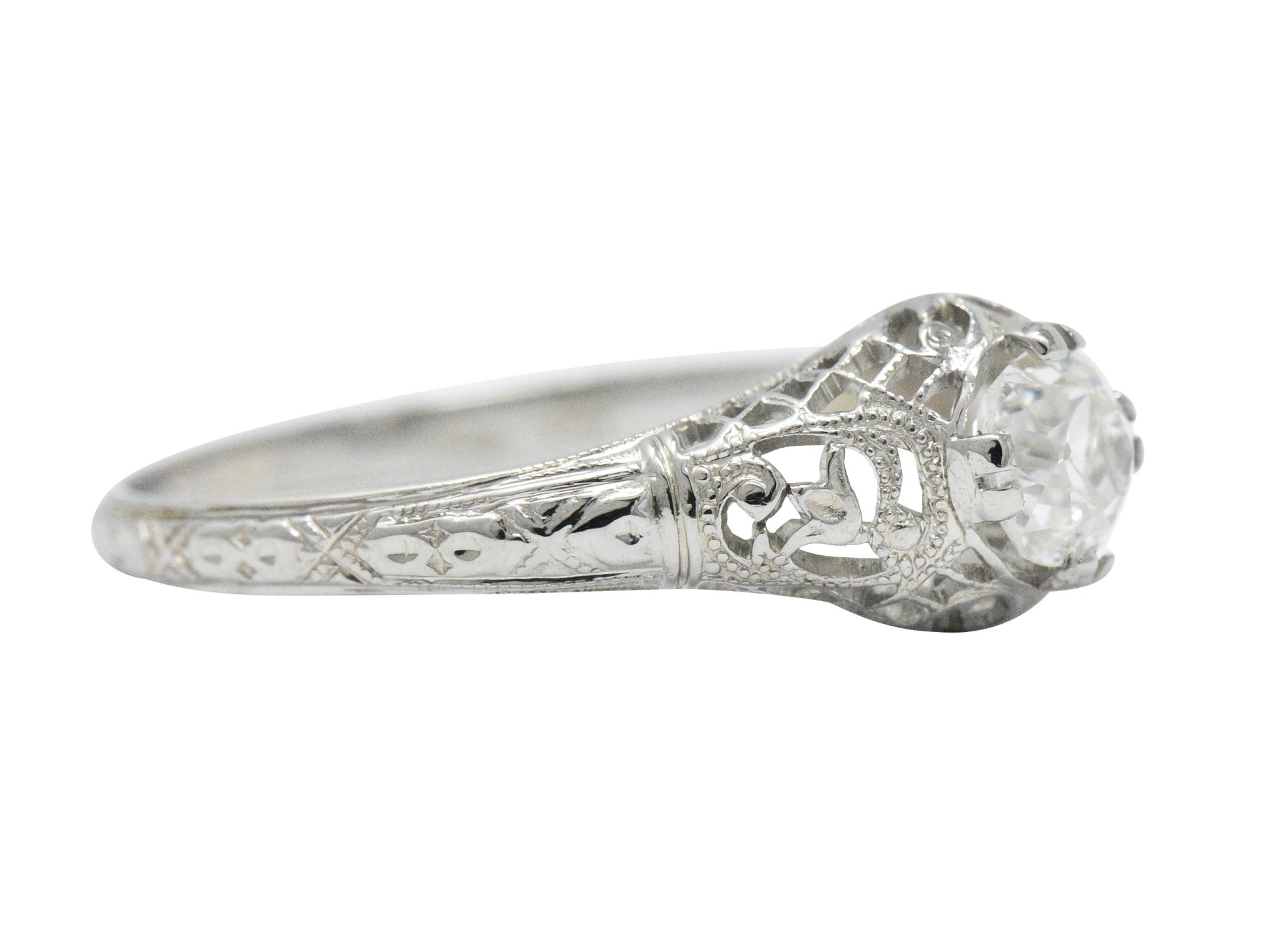 Edwardian 0.50 CTW Old Mine Diamond 18 Karat White Gold Tulip Flower Engagement Ring GIA Wilson's Estate Jewelry