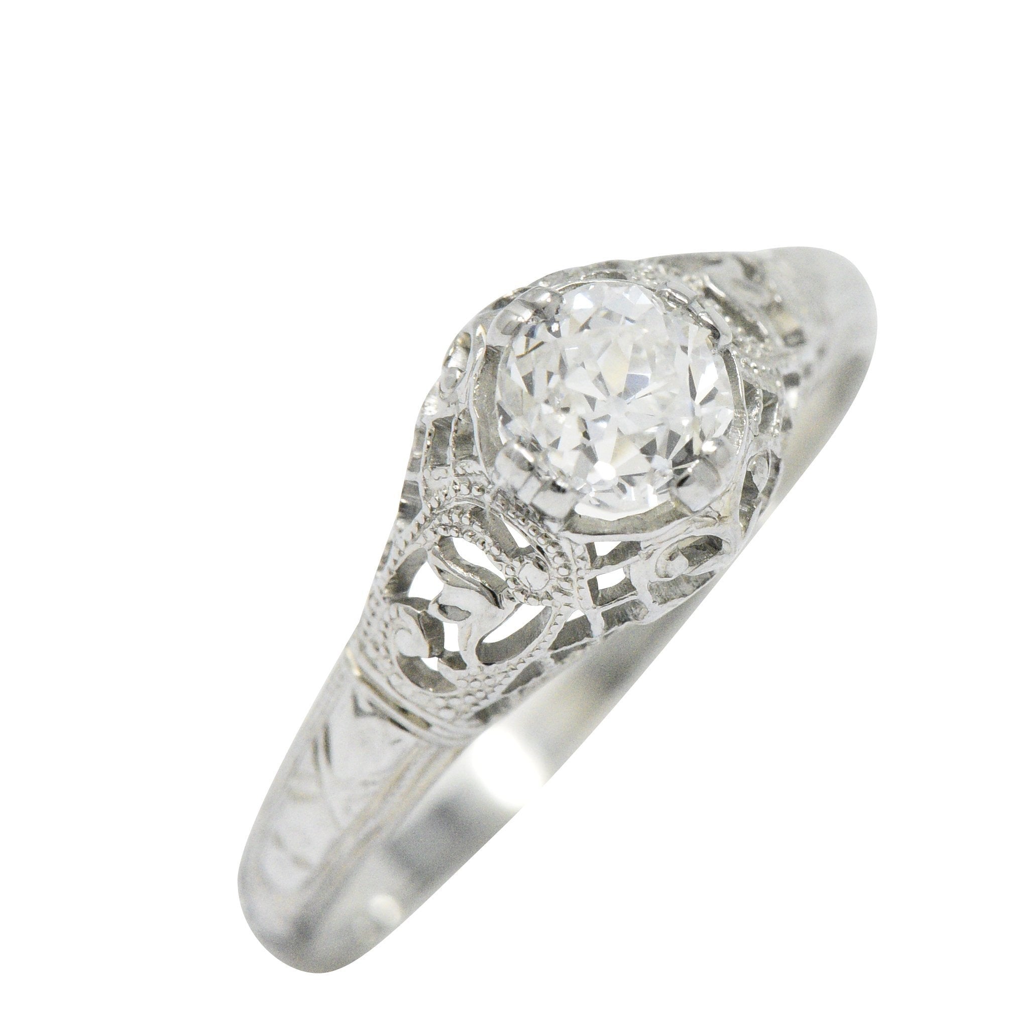 Edwardian 0.50 CTW Old Mine Diamond 18 Karat White Gold Tulip Flower Engagement Ring GIA Wilson's Estate Jewelry