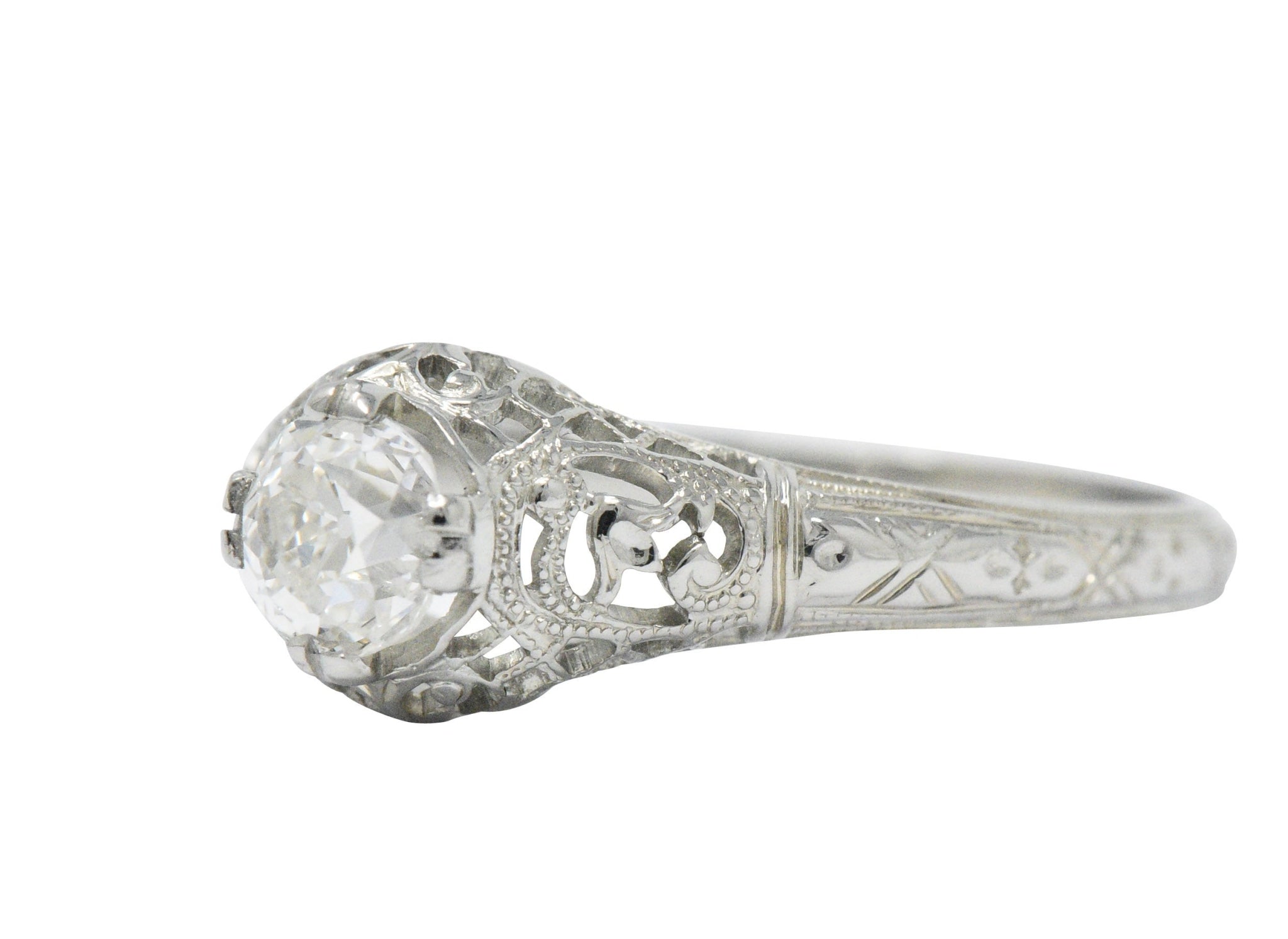 Edwardian 0.50 CTW Old Mine Diamond 18 Karat White Gold Tulip Flower Engagement Ring GIA Wilson's Estate Jewelry