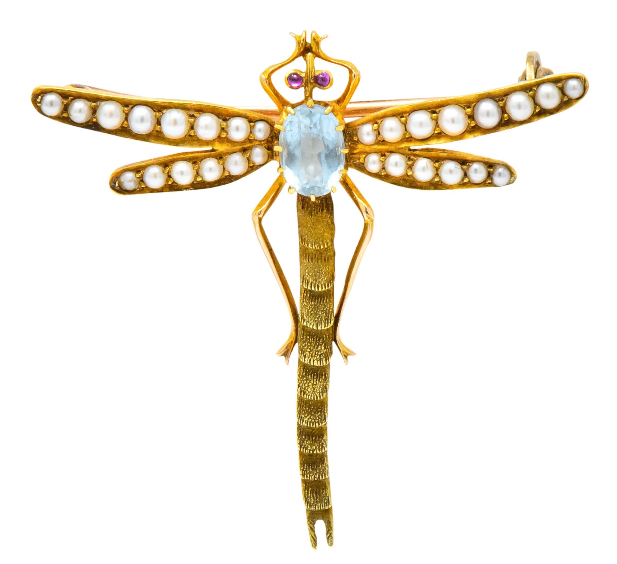 Edwardian 0.75 CTW Aquamarine Seed Pearl 14 Karat Gold Dragonfly Brooch - Wilson's Estate Jewelry