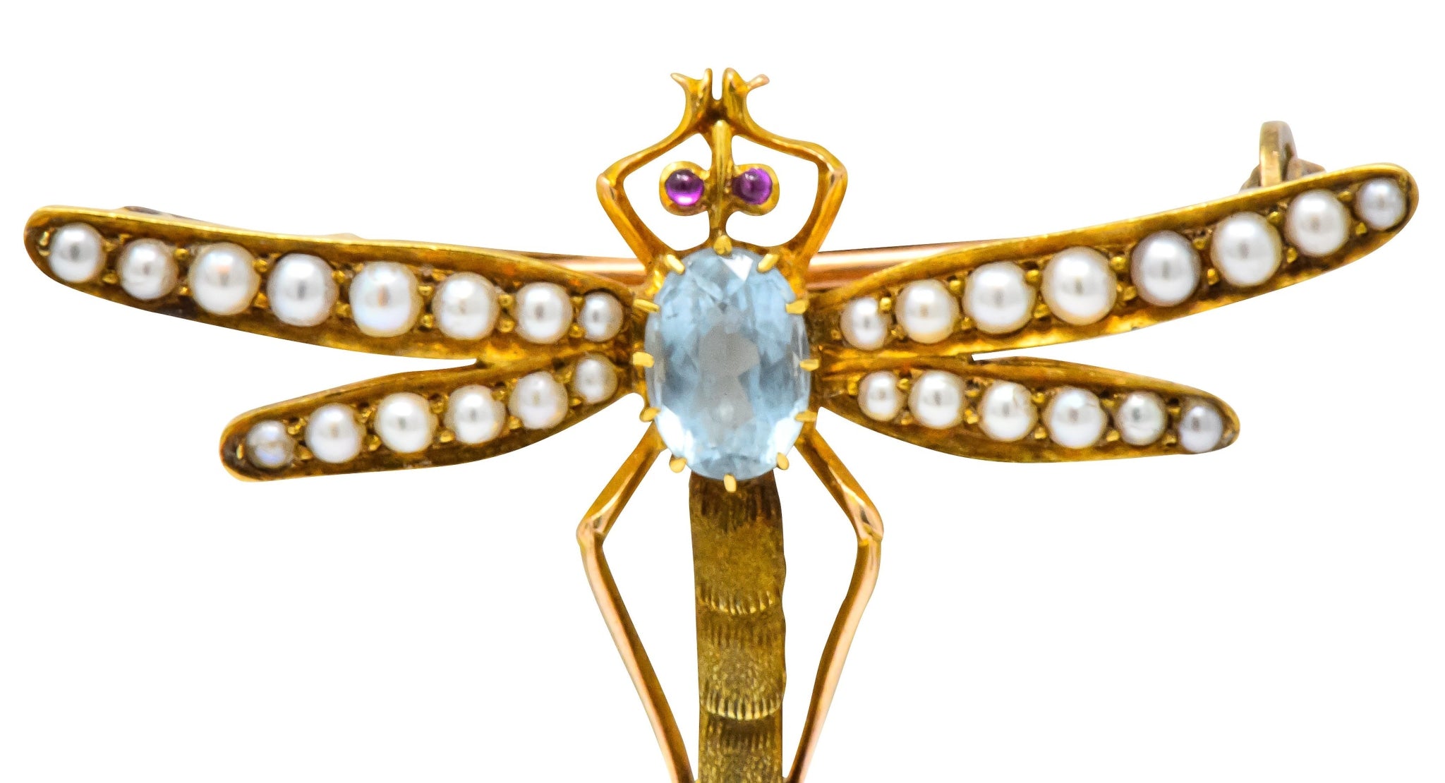 Edwardian 0.75 CTW Aquamarine Seed Pearl 14 Karat Gold Dragonfly Brooch - Wilson's Estate Jewelry