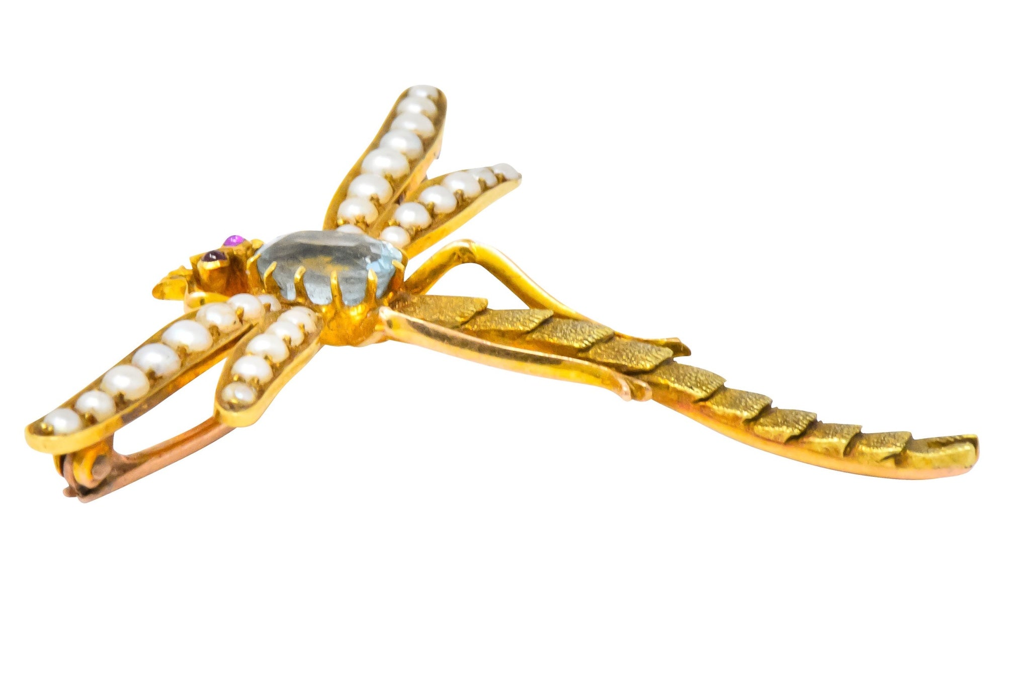 Edwardian 0.75 CTW Aquamarine Seed Pearl 14 Karat Gold Dragonfly Brooch - Wilson's Estate Jewelry