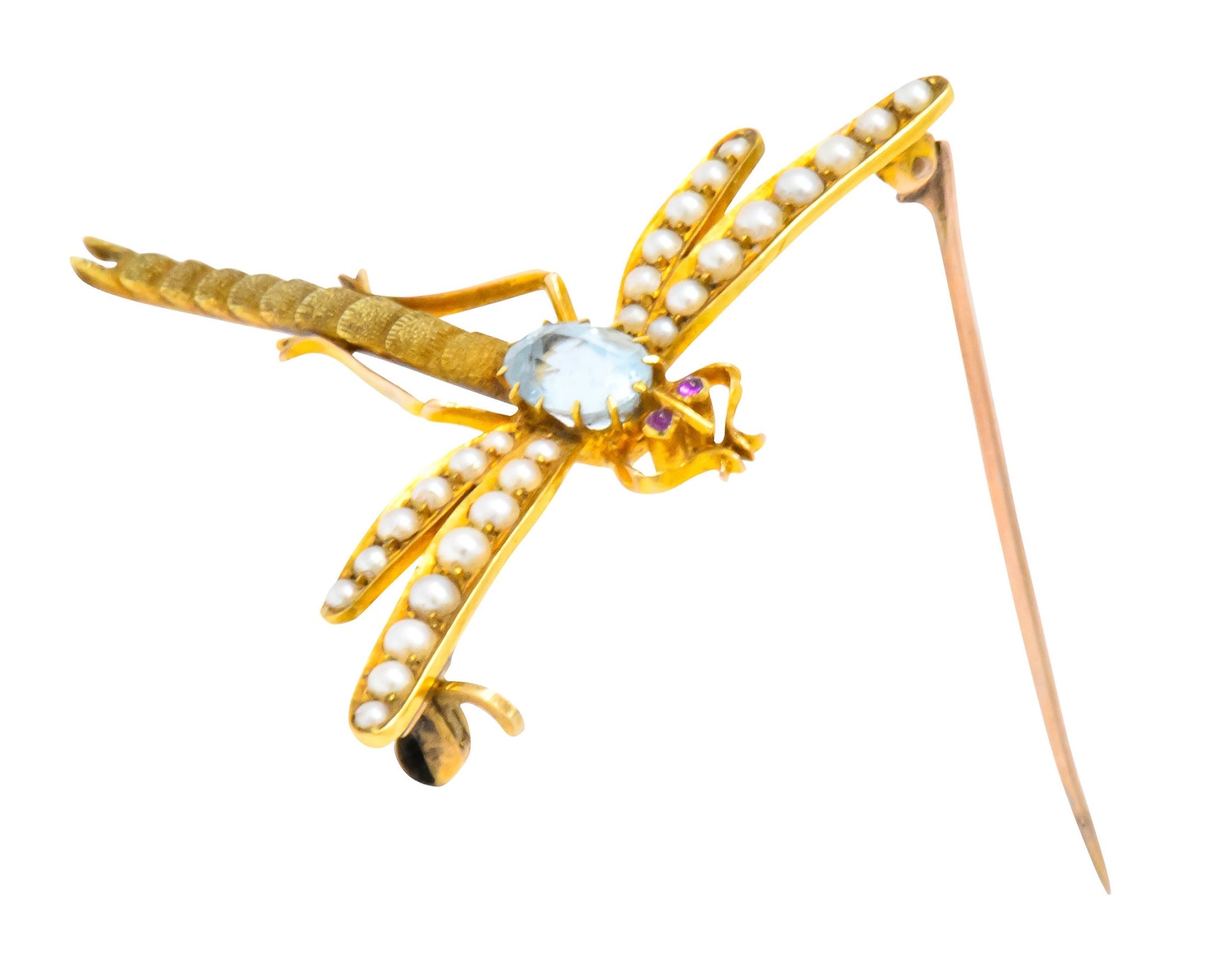 Edwardian 0.75 CTW Aquamarine Seed Pearl 14 Karat Gold Dragonfly Brooch - Wilson's Estate Jewelry