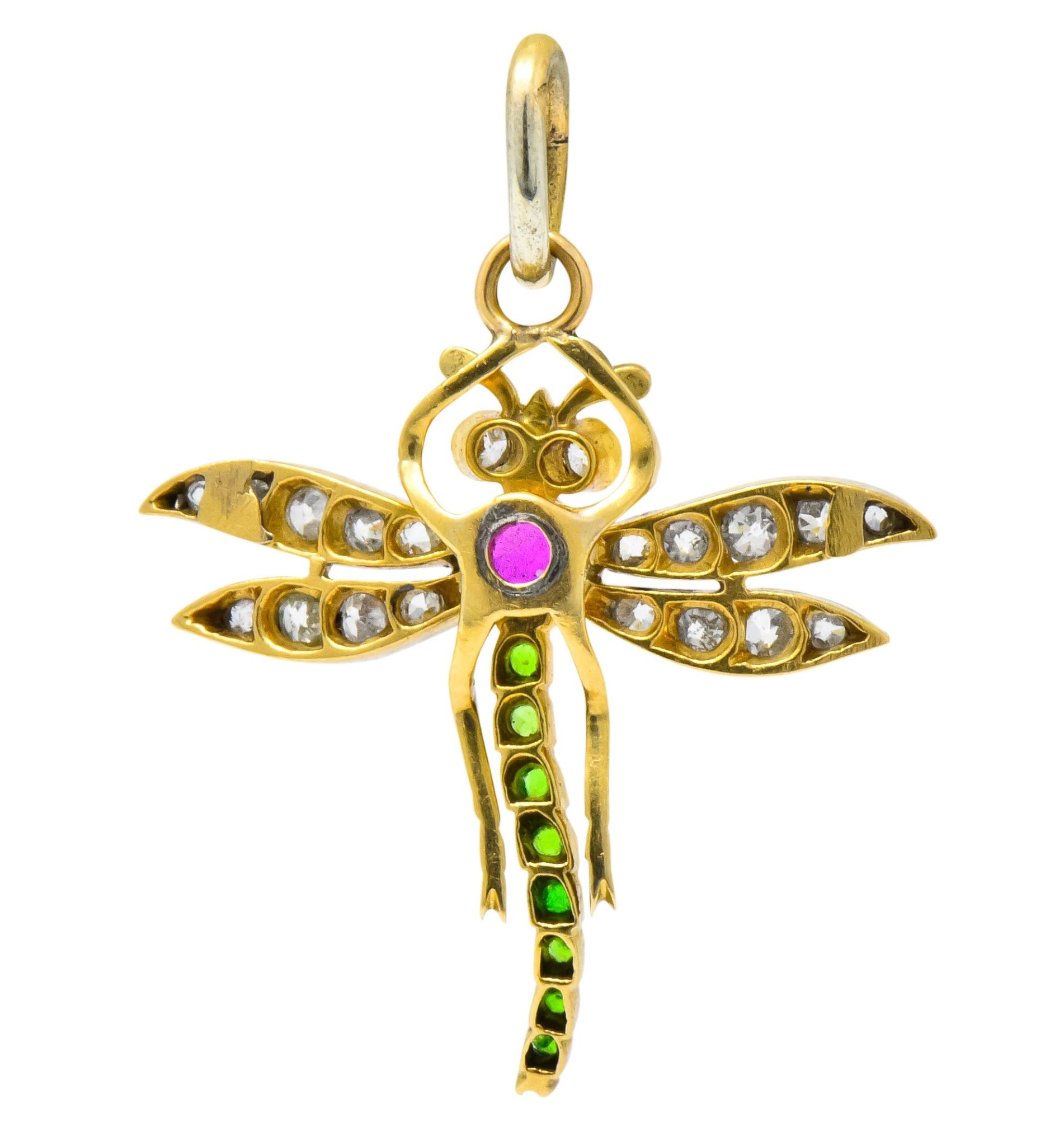 Edwardian 0.75 CTW Diamond Ruby Demantoid Garnet Platinum 18 Karat Gold Dragonfly Charm Pendant - Wilson's Estate Jewelry